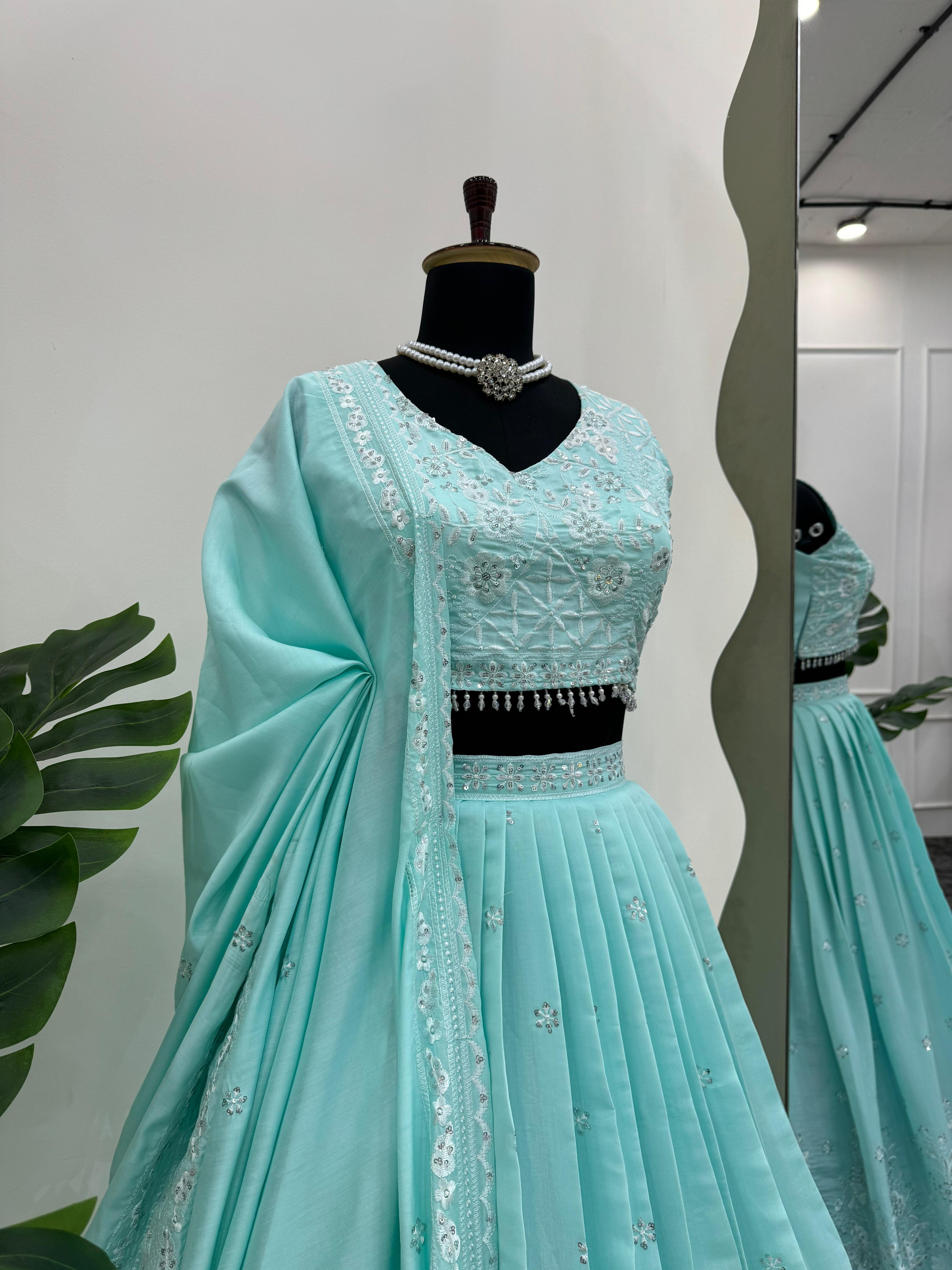 Reception Wear Sky Blue Color Roman Silk Thread With Sequence Designer Lehenga Choli