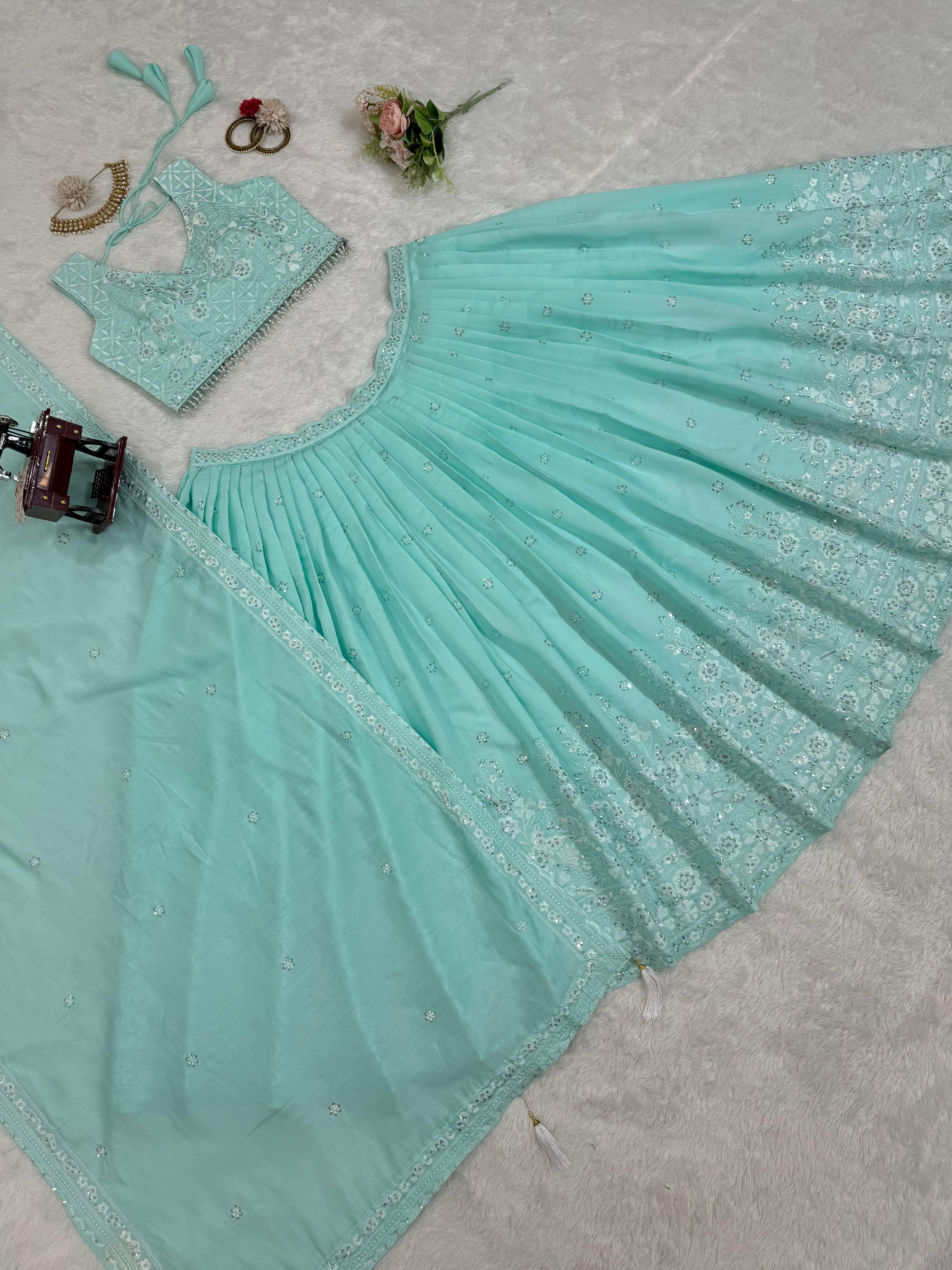 Reception Wear Sky Blue Color Roman Silk Thread With Sequence Designer Lehenga Choli