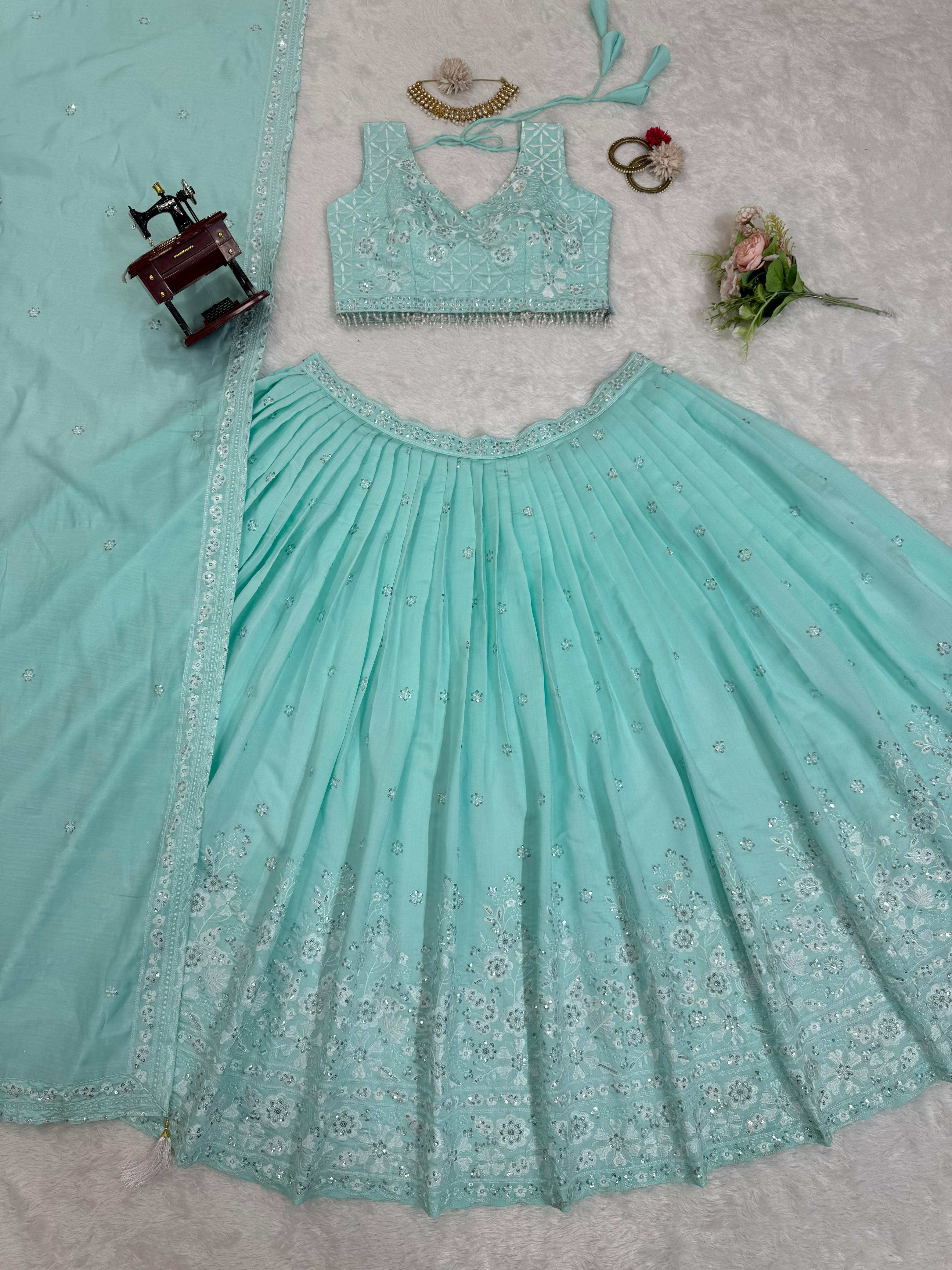 Reception Wear Sky Blue Color Roman Silk Thread With Sequence Designer Lehenga Choli