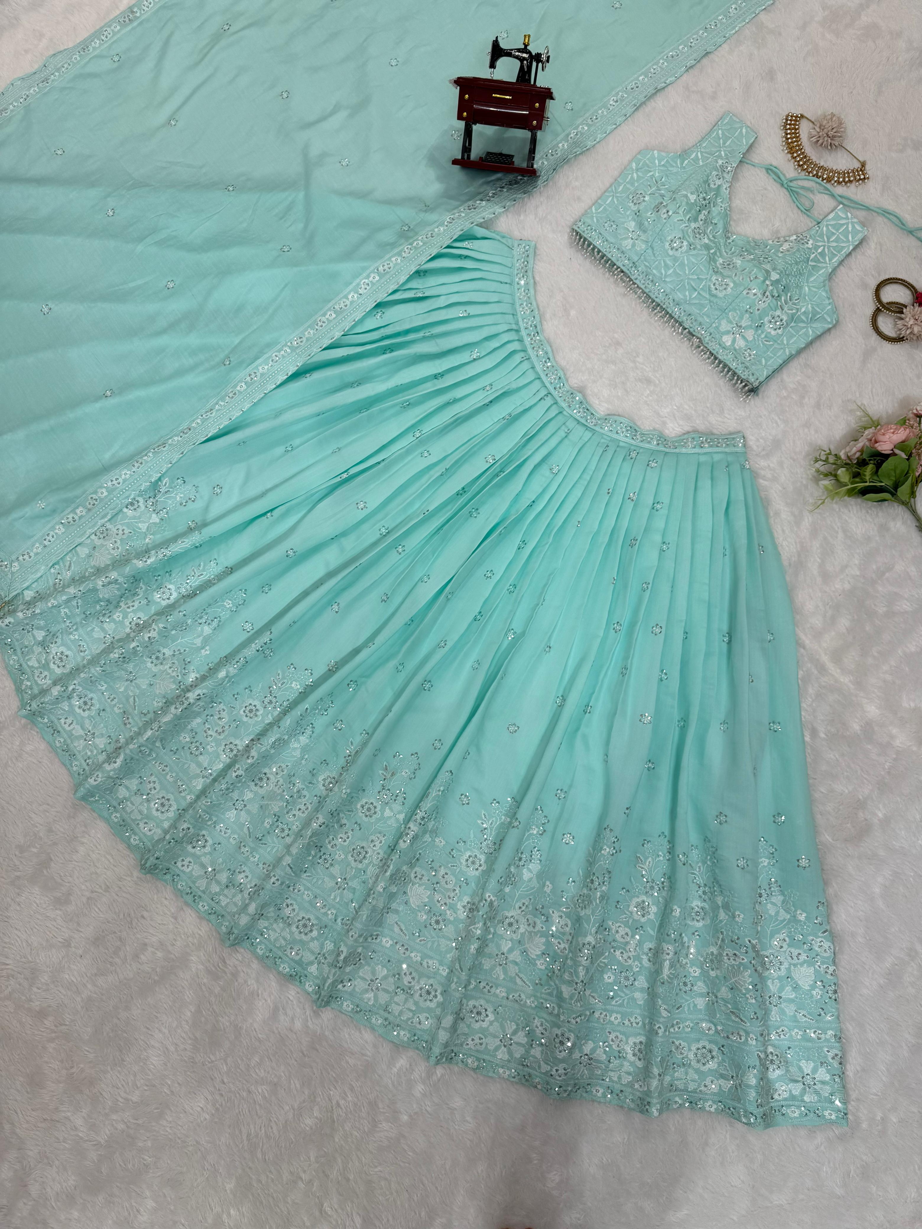 Reception Wear Sky Blue Color Roman Silk Thread With Sequence Designer Lehenga Choli