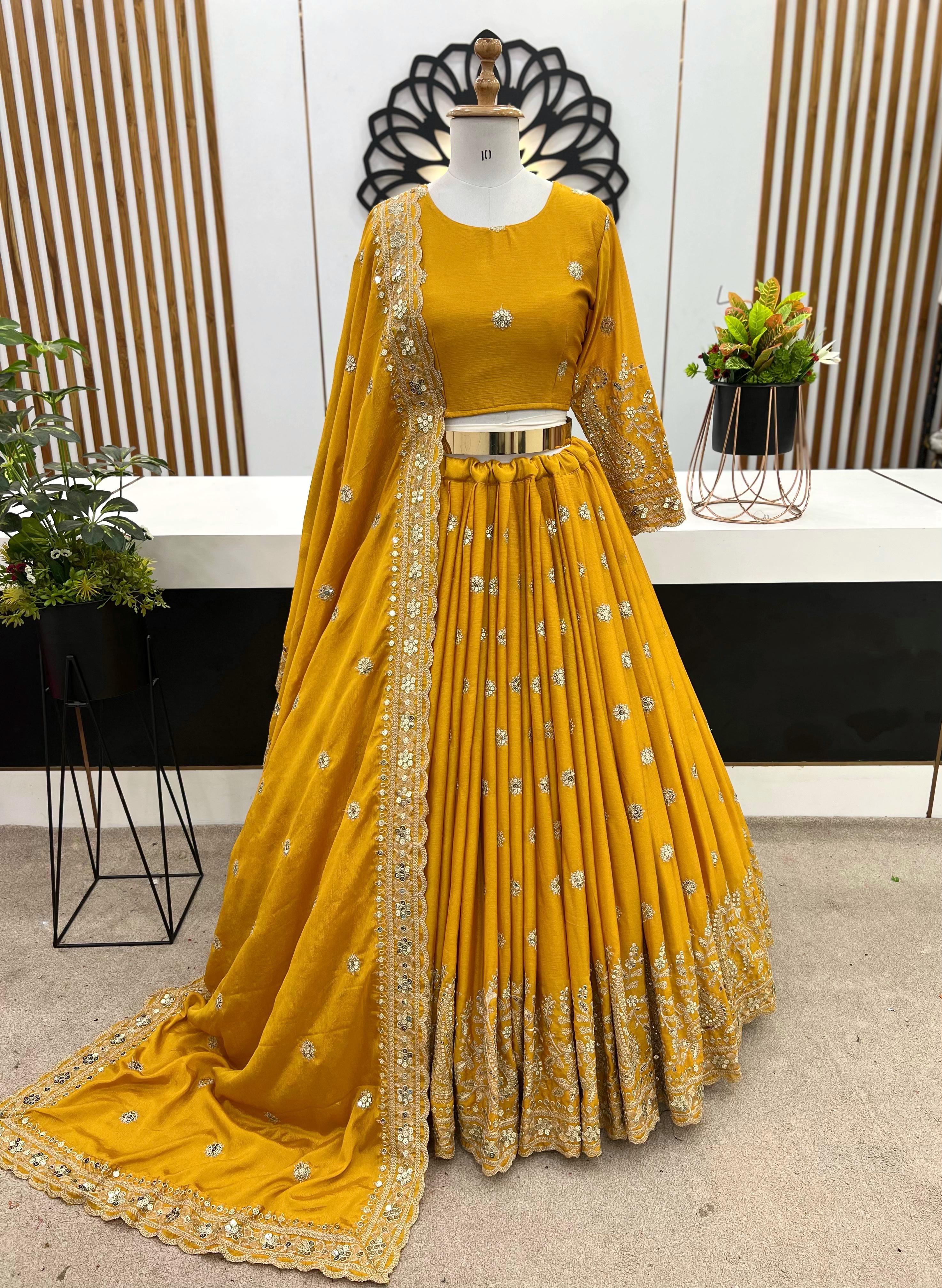 Wedding Wear Yellow Color Heavy Chinon Silk With Heavy Embroidery Sequence Work Designer Lehenga Choli