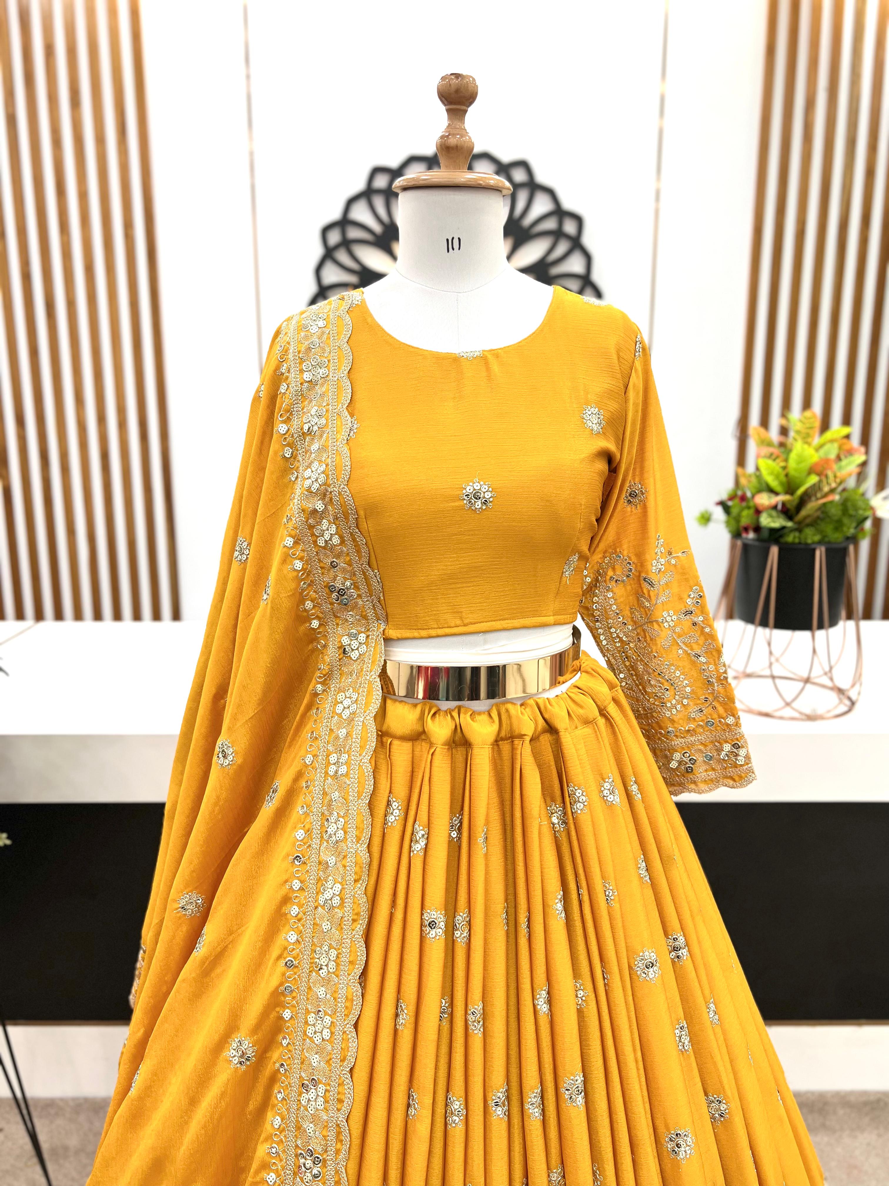 Wedding Wear Yellow Color Heavy Chinon Silk With Heavy Embroidery Sequence Work Designer Lehenga Choli