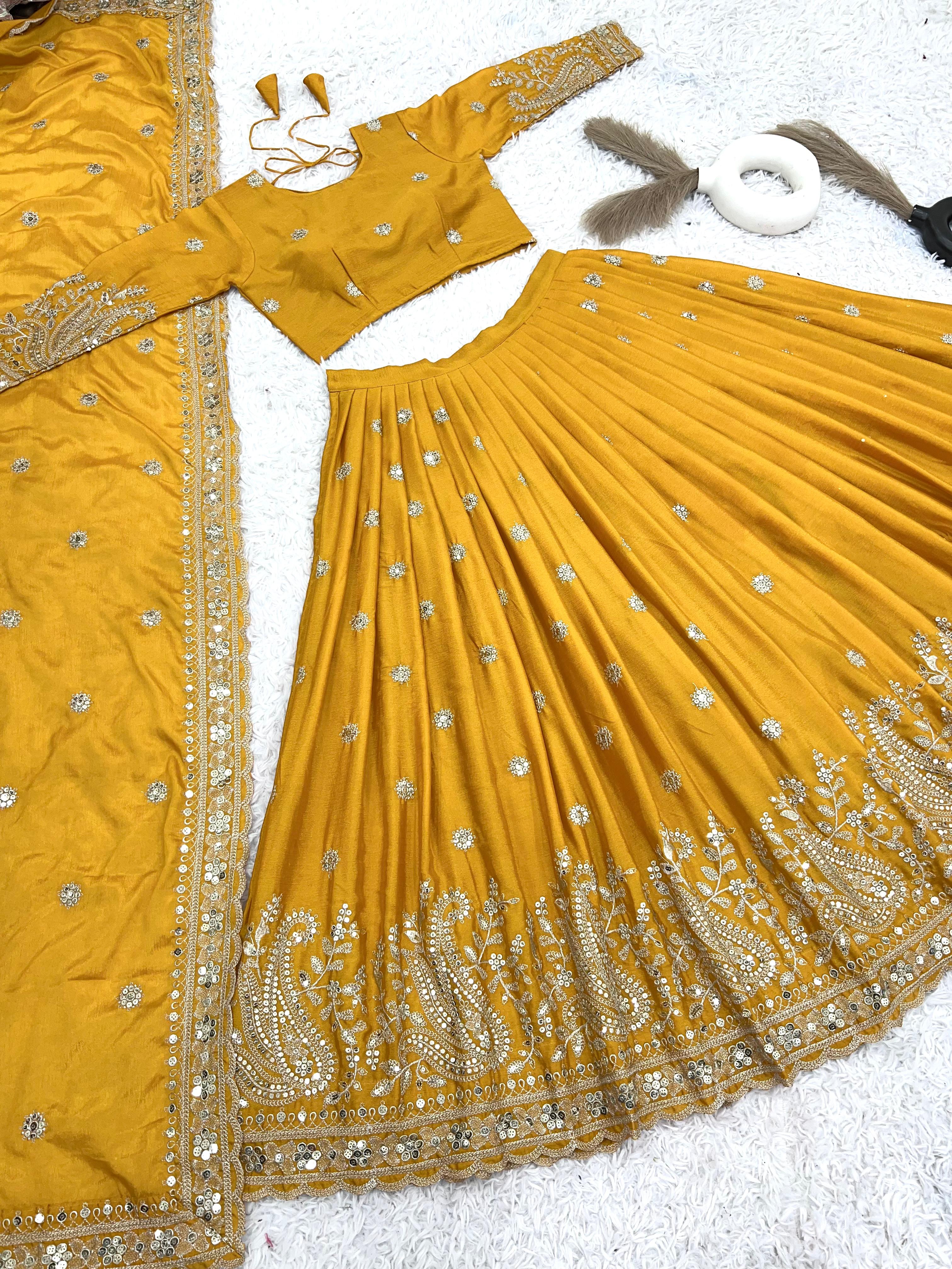 Wedding Wear Yellow Color Heavy Chinon Silk With Heavy Embroidery Sequence Work Designer Lehenga Choli