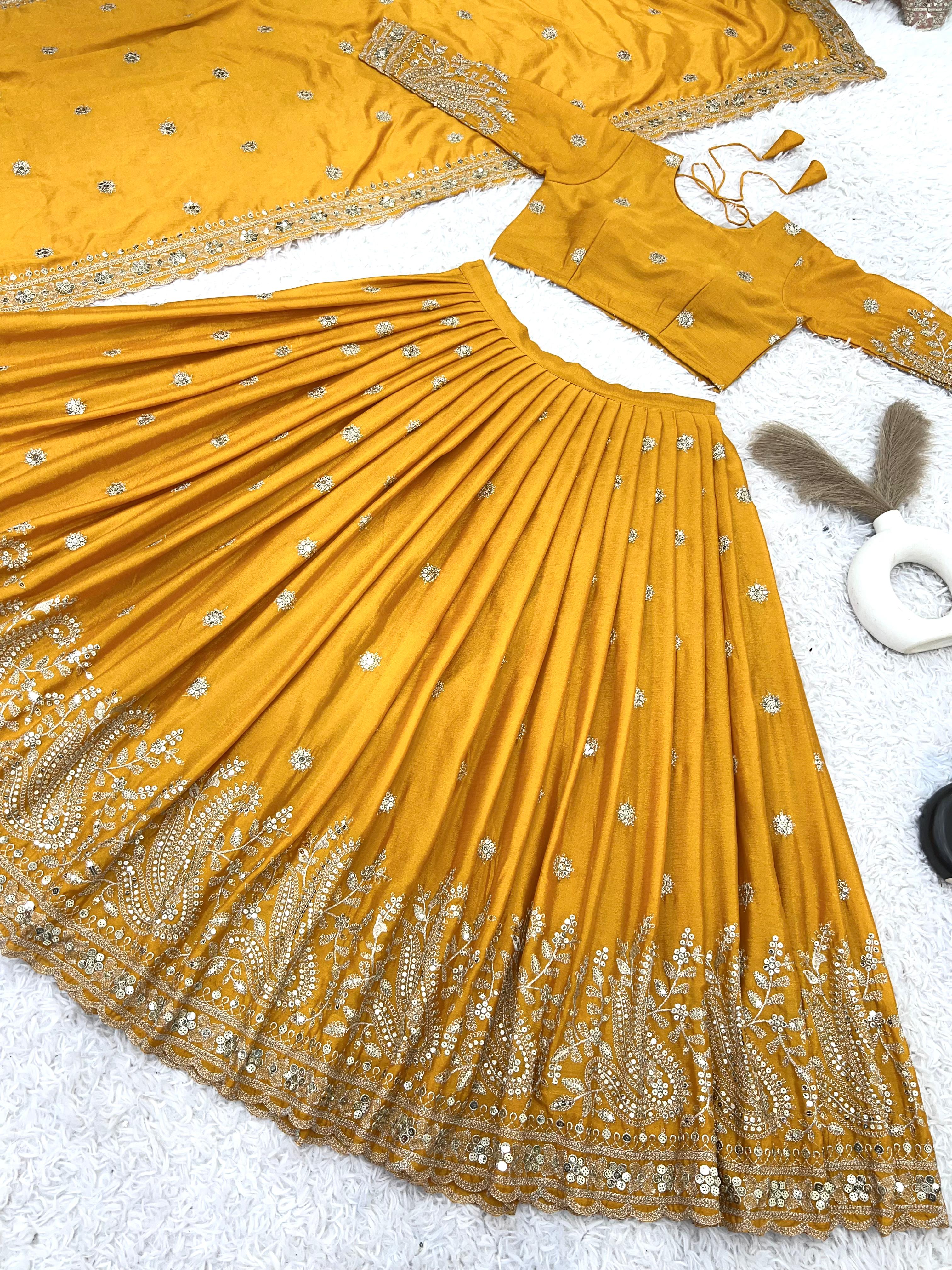 Wedding Wear Yellow Color Heavy Chinon Silk With Heavy Embroidery Sequence Work Designer Lehenga Choli