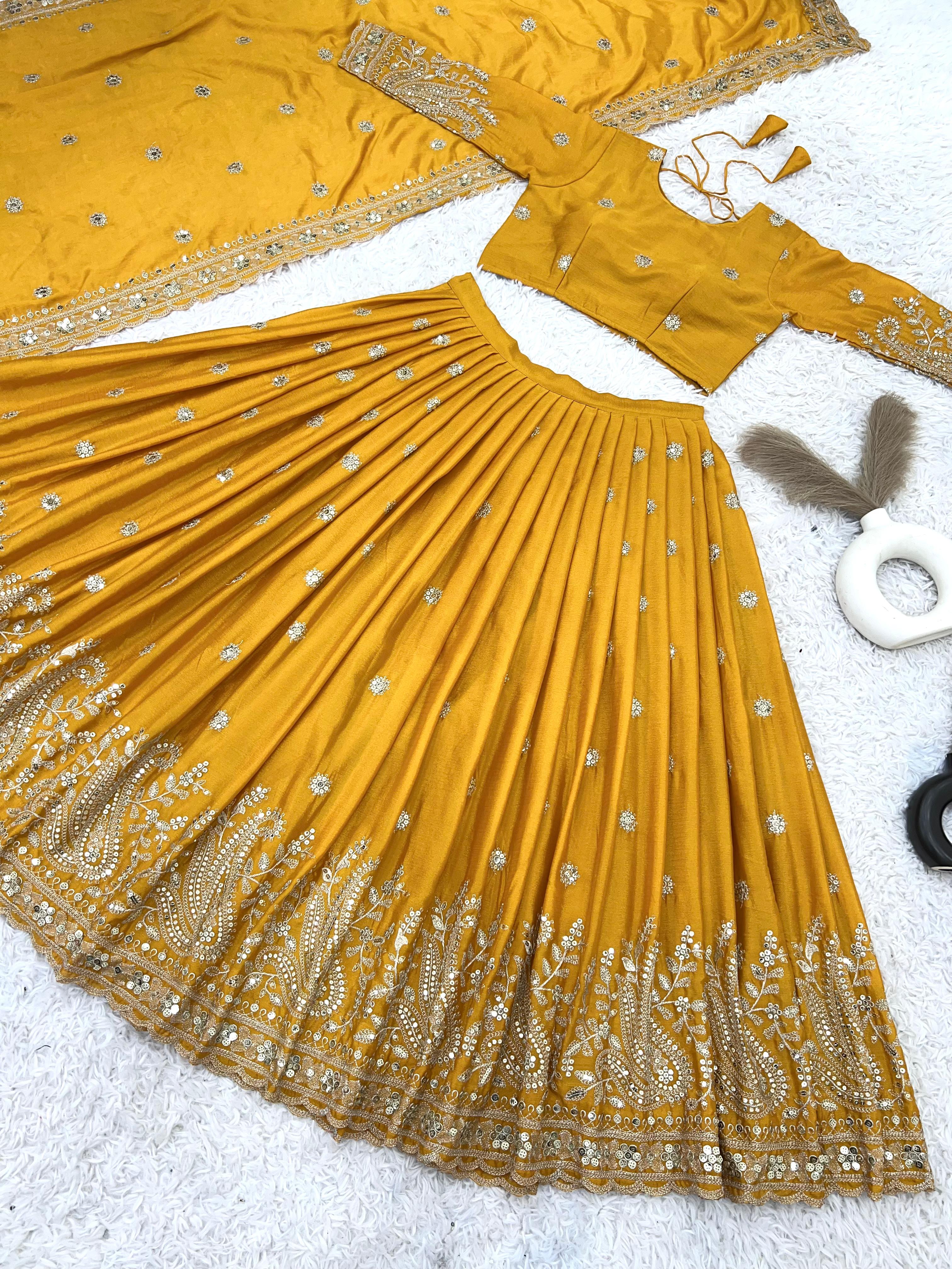 Wedding Wear Yellow Color Heavy Chinon Silk With Heavy Embroidery Sequence Work Designer Lehenga Choli