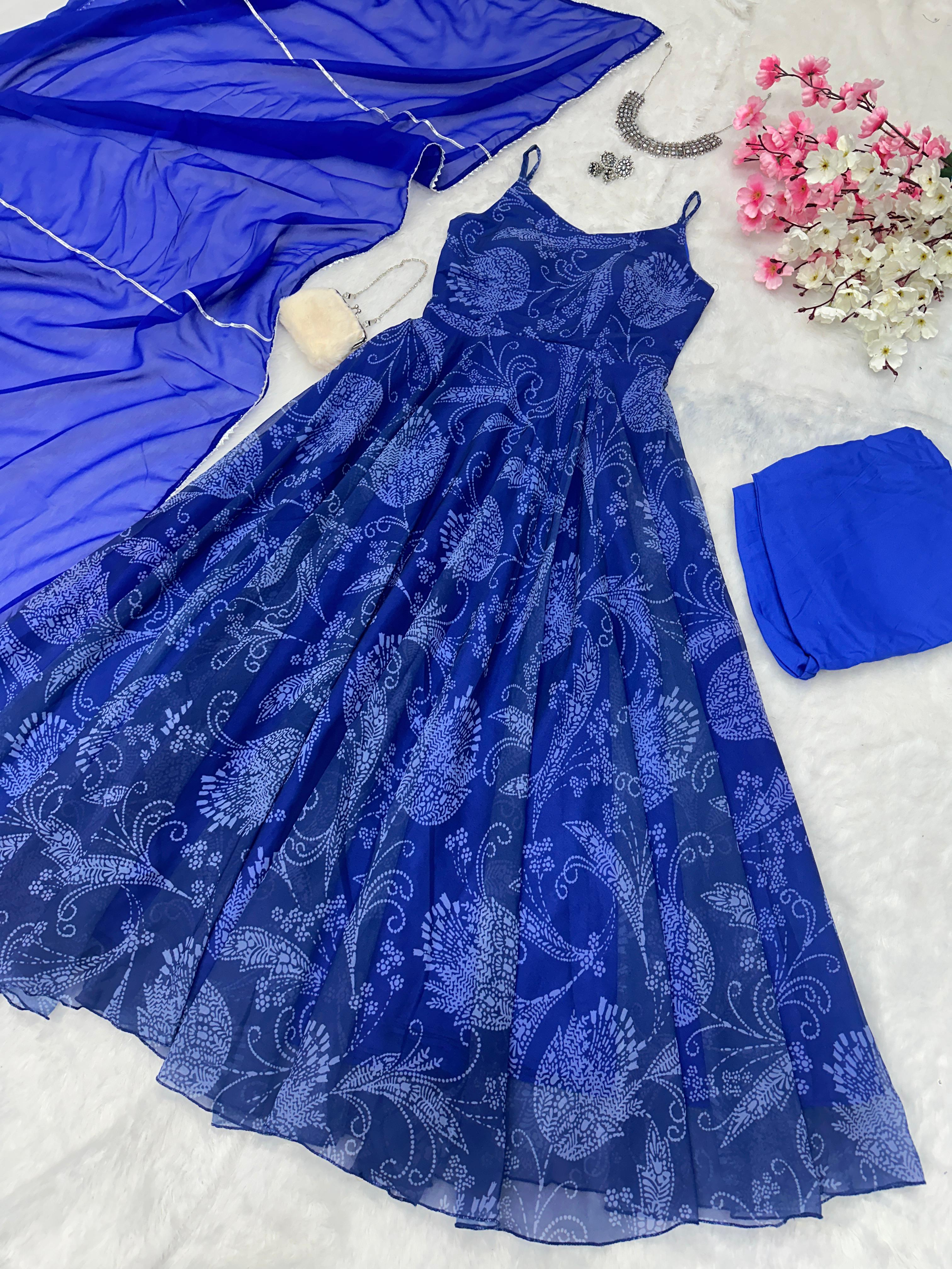 Festive Wear Blue Color Digital Printed Georgette With Huge Flair Anarkali Suit