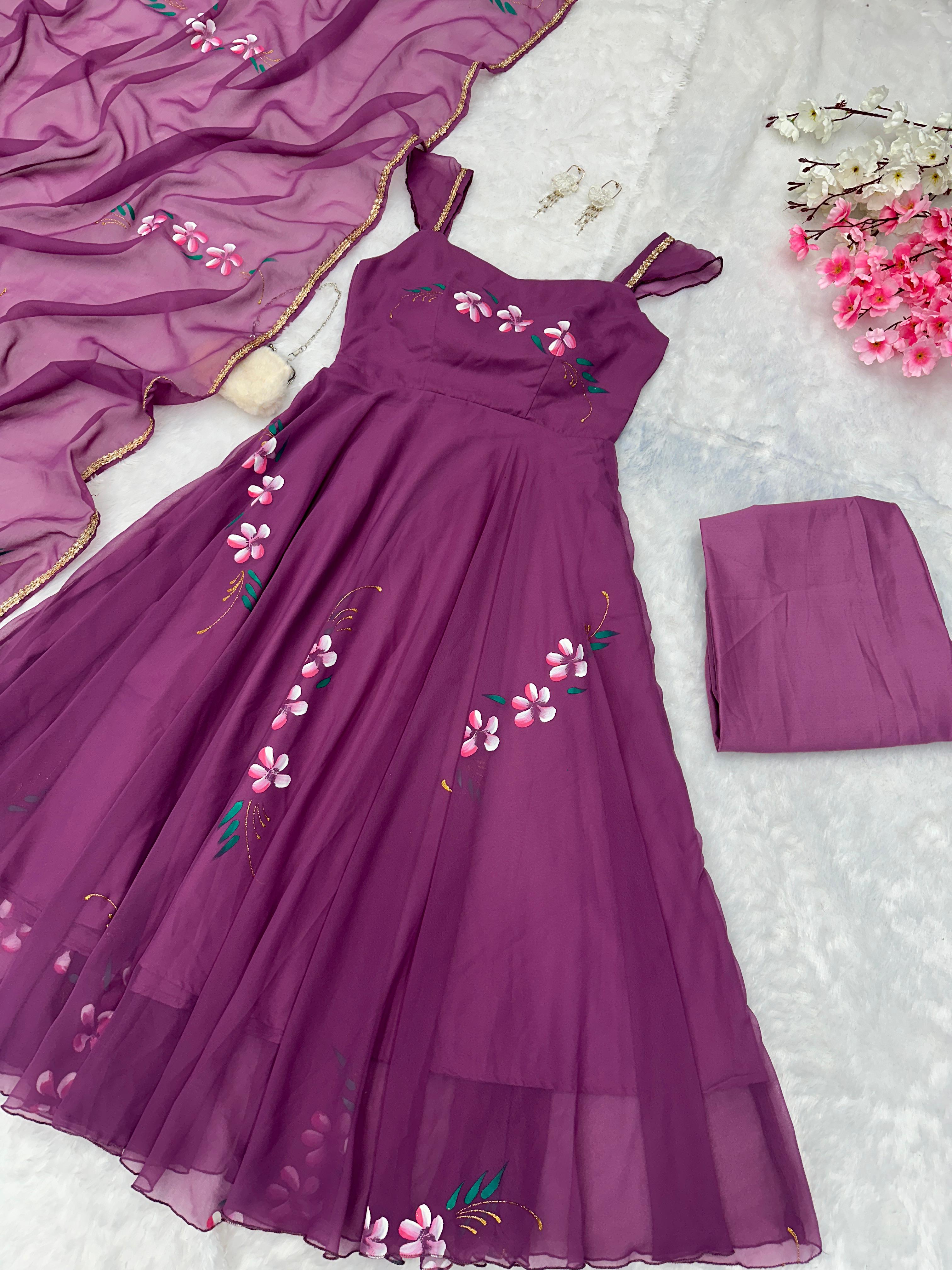 Casual Wear Burgundy Color Handpainted Georgette With Huge Flair Anarkali Suit