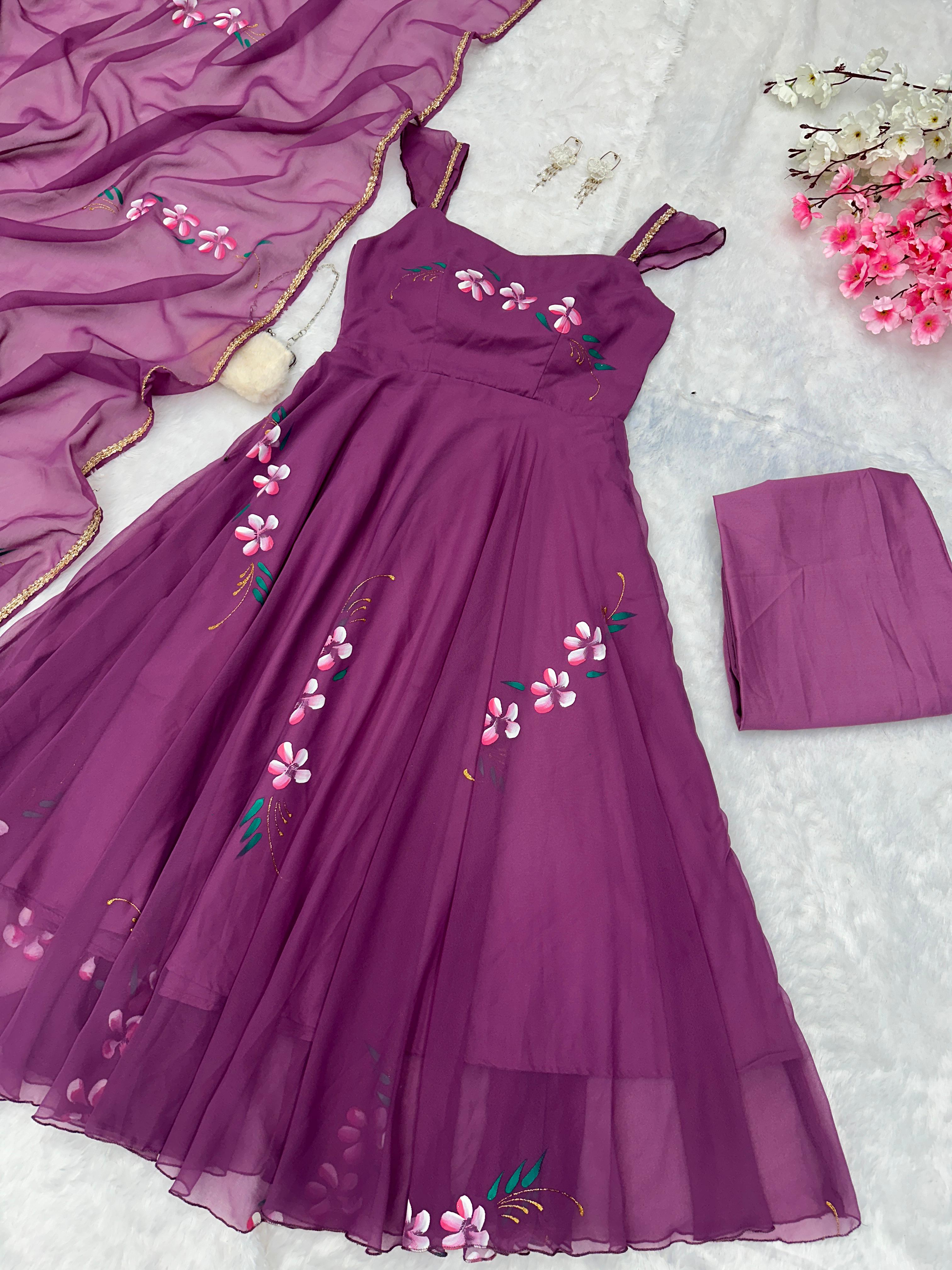 Casual Wear Burgundy Color Handpainted Georgette With Huge Flair Anarkali Suit