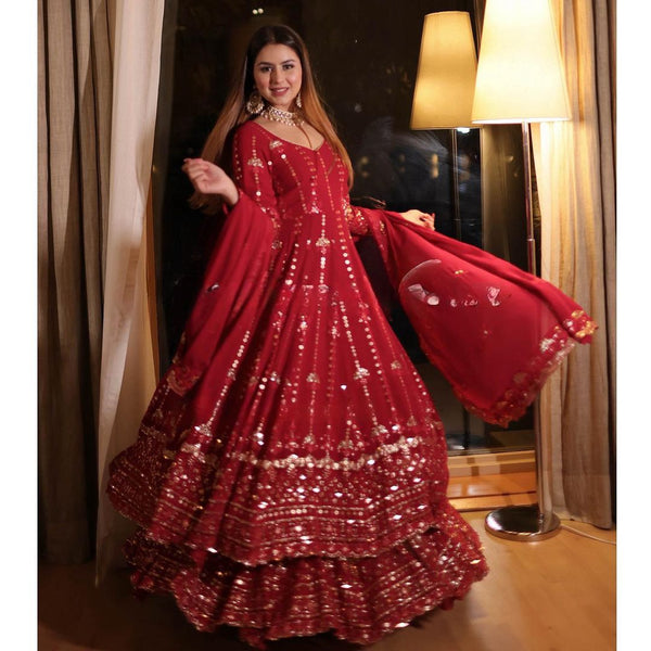 Latest Red Color Faux Georgette Thread With Sequence Work Designer Lehenga Suit