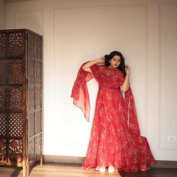 Luxuriant Red Color Digital Printed Georgette With Huge Flair Anarkali Suit