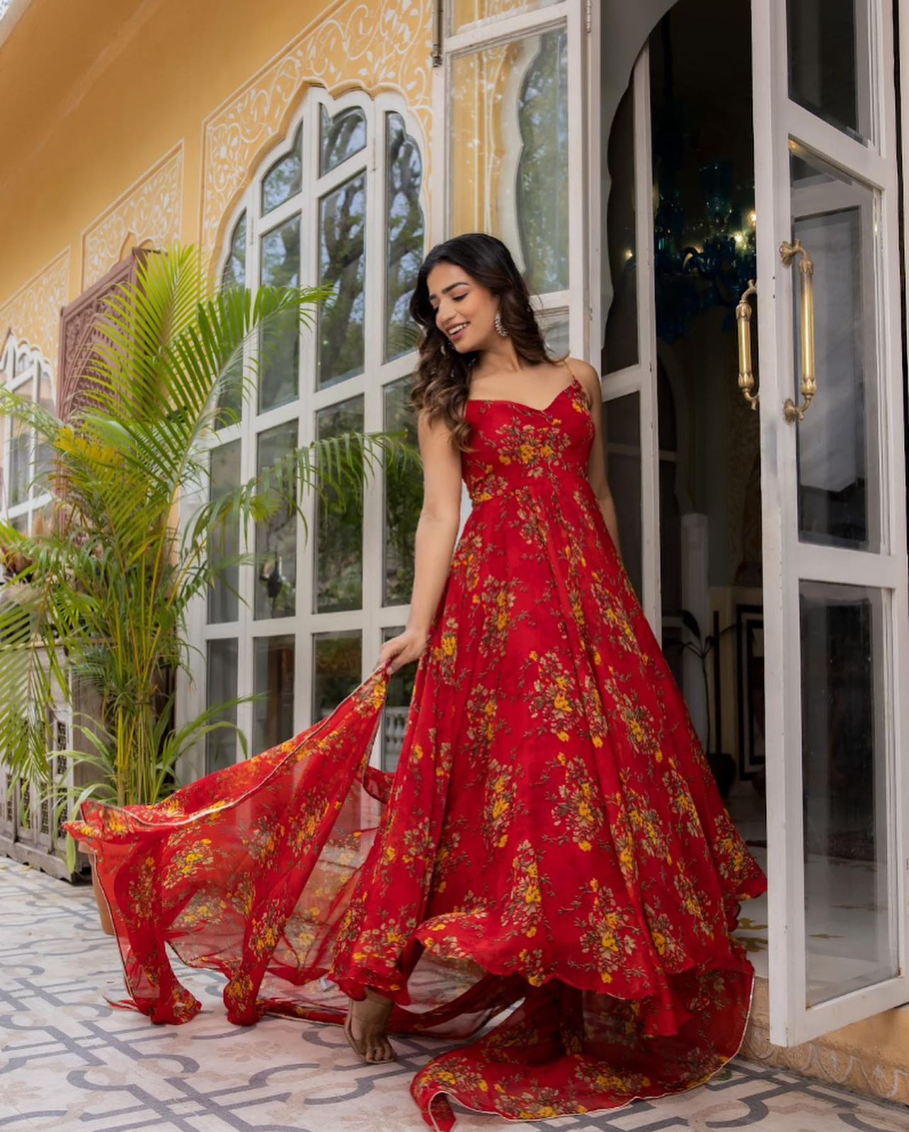 Luxuriant Red Color Digital Printed Georgette With Huge Flair Anarkali Suit