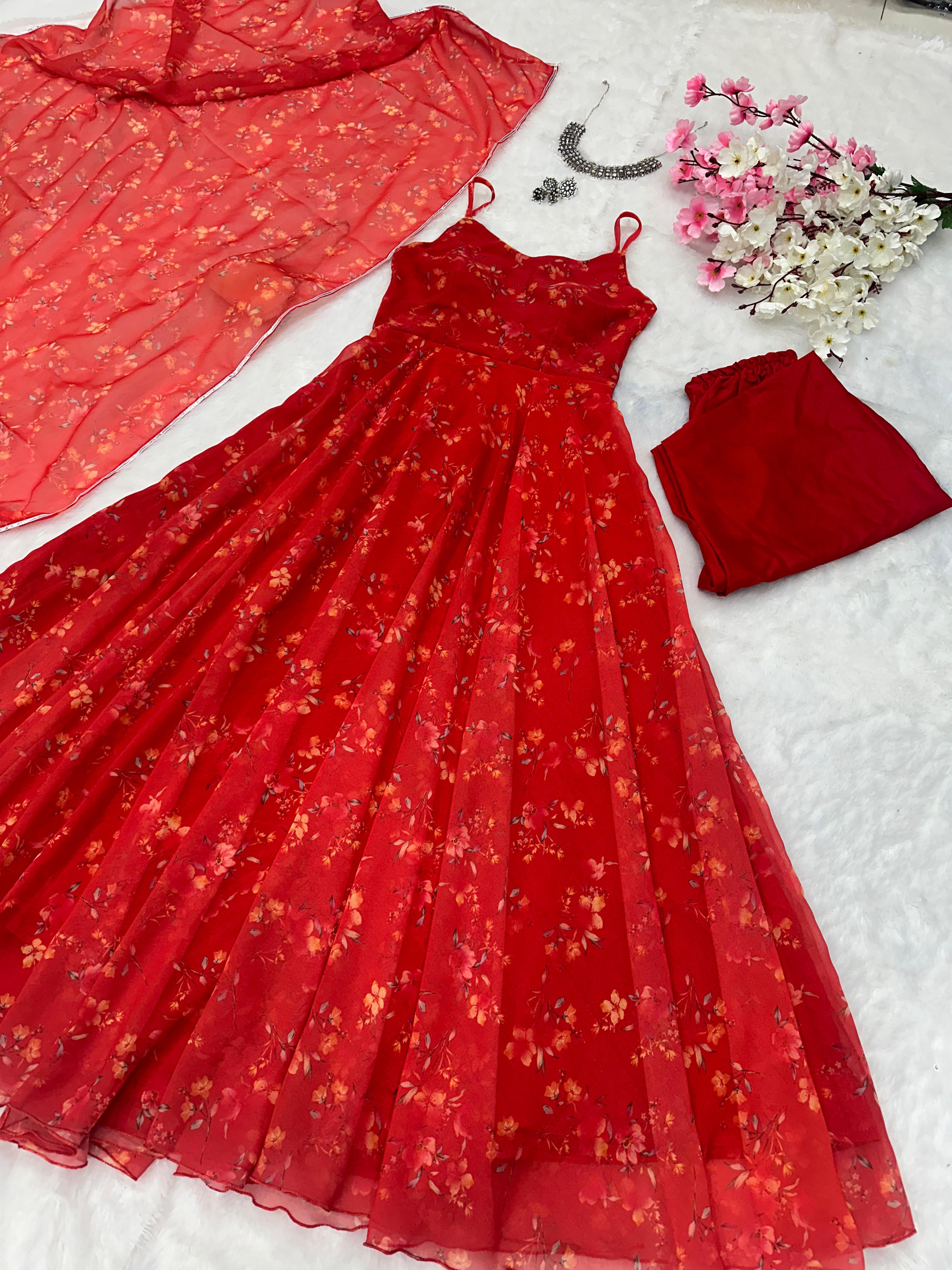 Luxuriant Red Color Digital Printed Georgette With Huge Flair Anarkali Suit