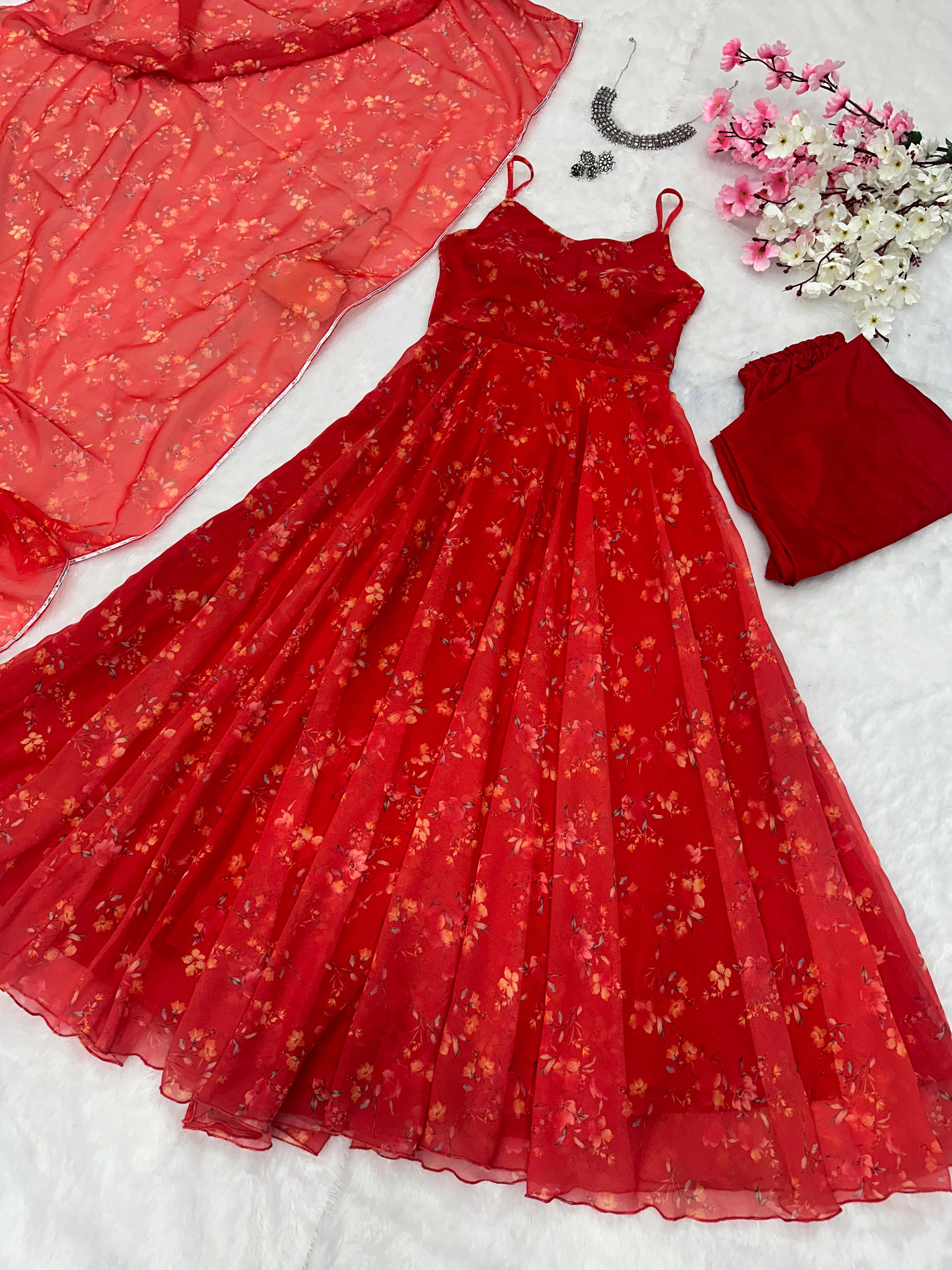 Luxuriant Red Color Digital Printed Georgette With Huge Flair Anarkali Suit