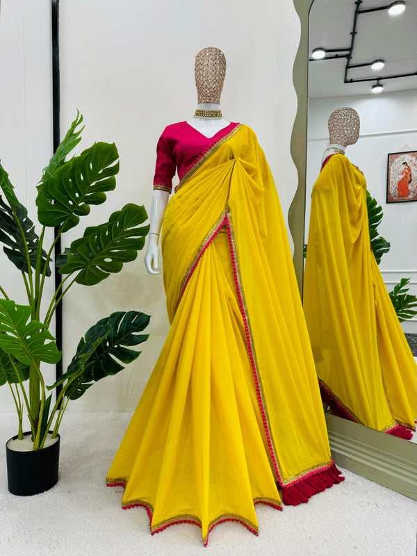 Haldi Special Yellow Color Mul Cotton And Heavy Latkan Beautiful Designer Saree