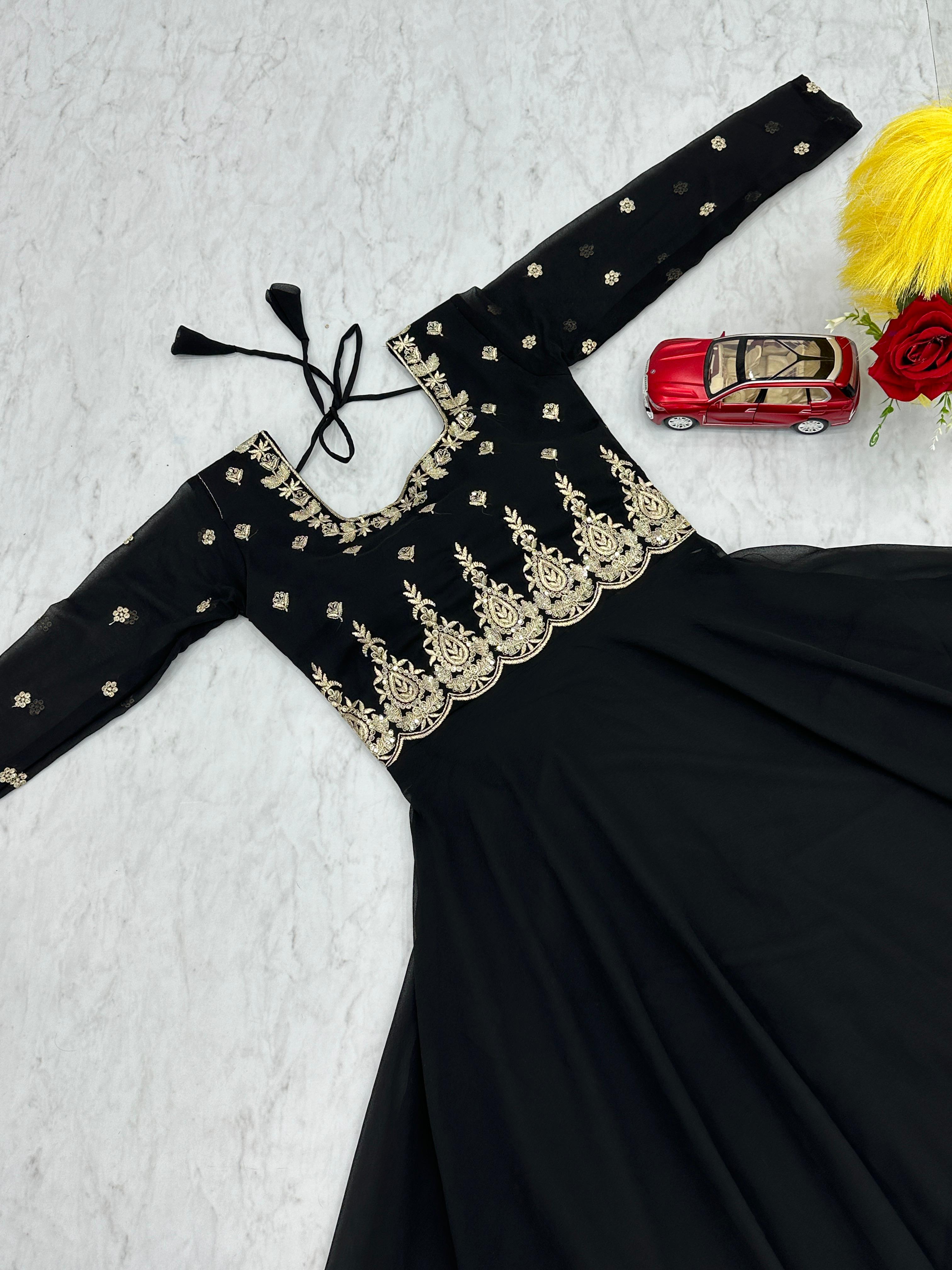 Classic Black Color Faux Georgette With Embroidered Gown