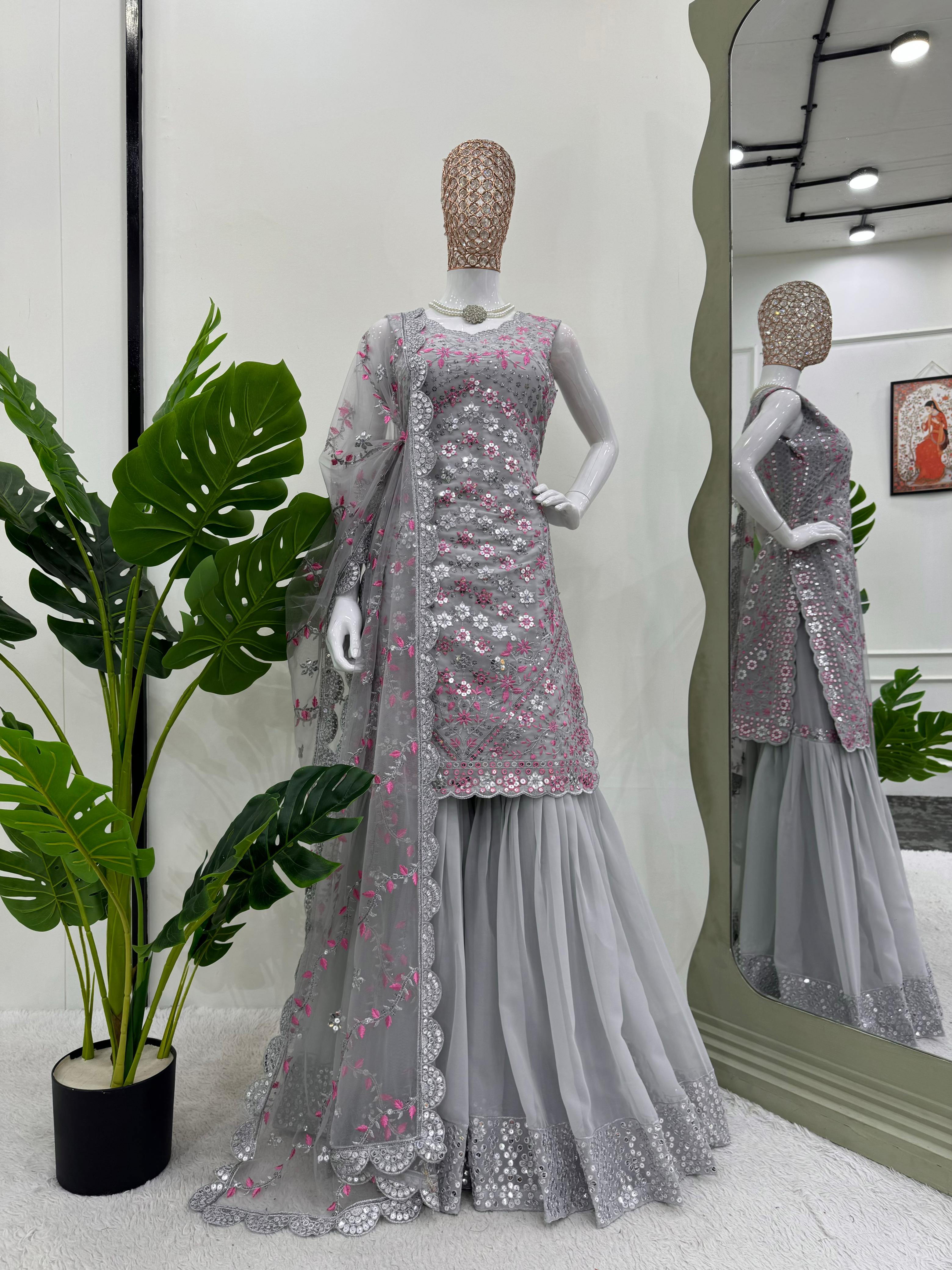 Exclusive Grey Color Faux Georgette Thread And 9mm Sequence Designer Sharara Suit