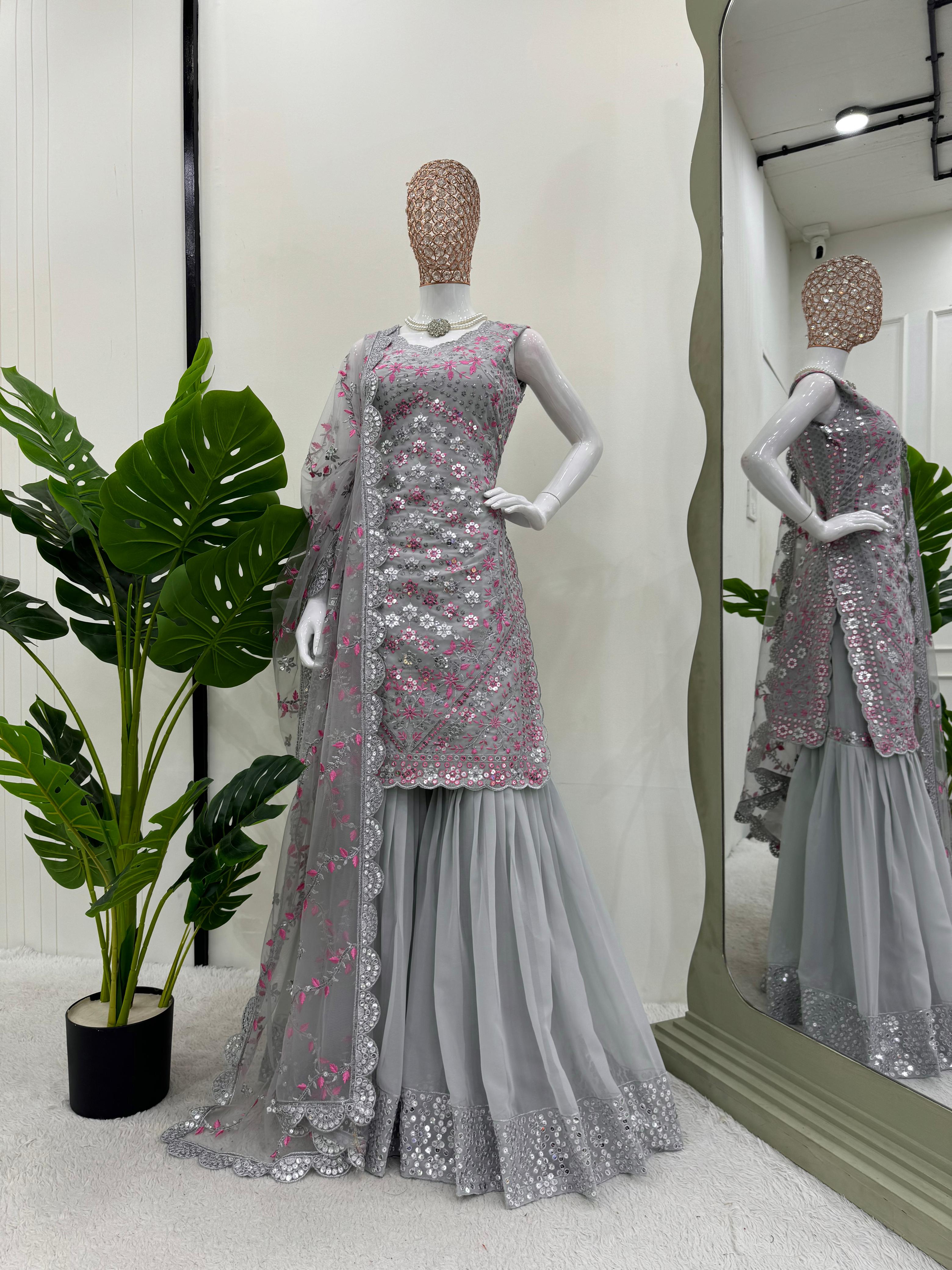 Exclusive Grey Color Faux Georgette Thread And 9mm Sequence Designer Sharara Suit