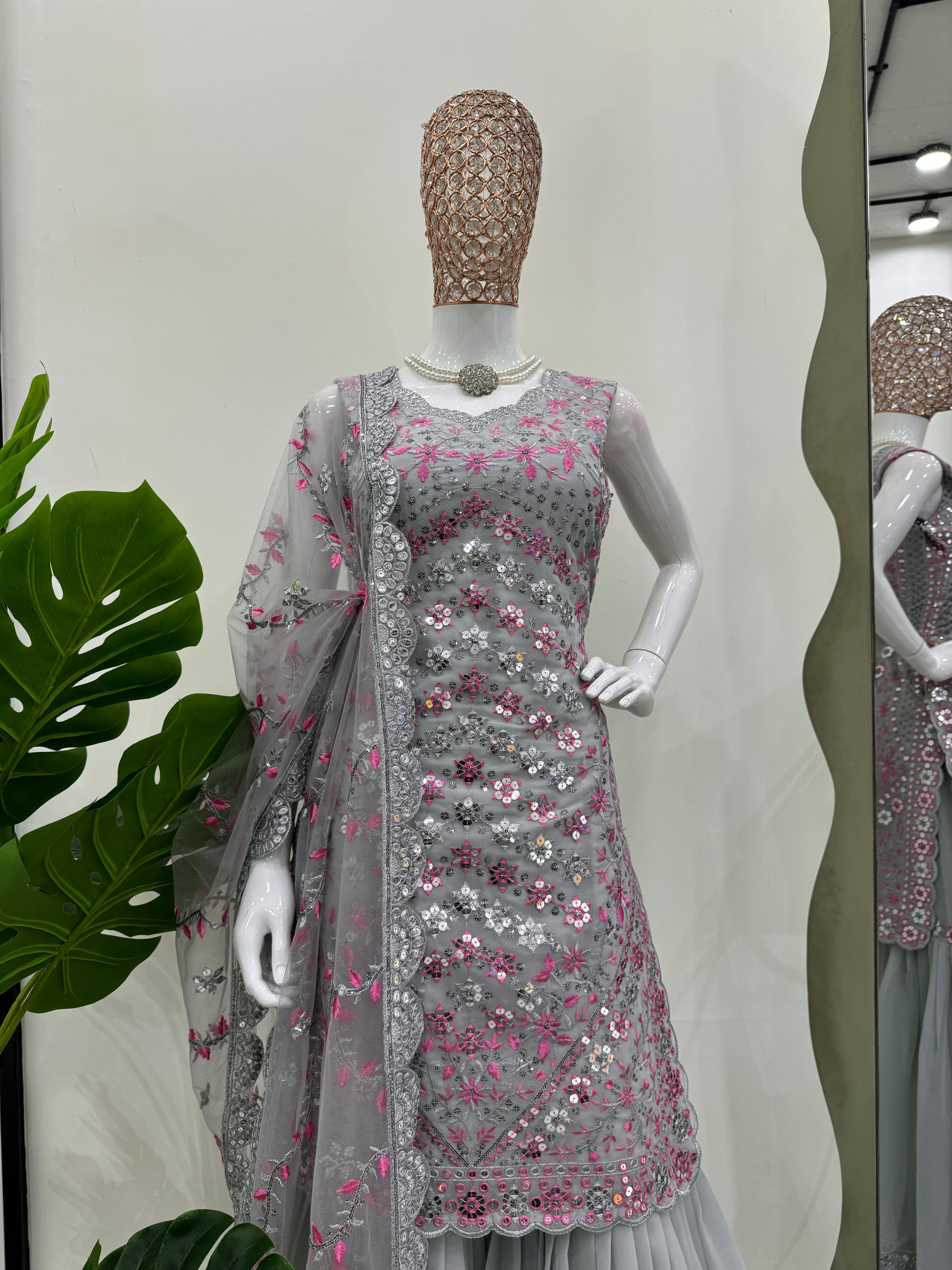 Exclusive Grey Color Faux Georgette Thread And 9mm Sequence Designer Sharara Suit