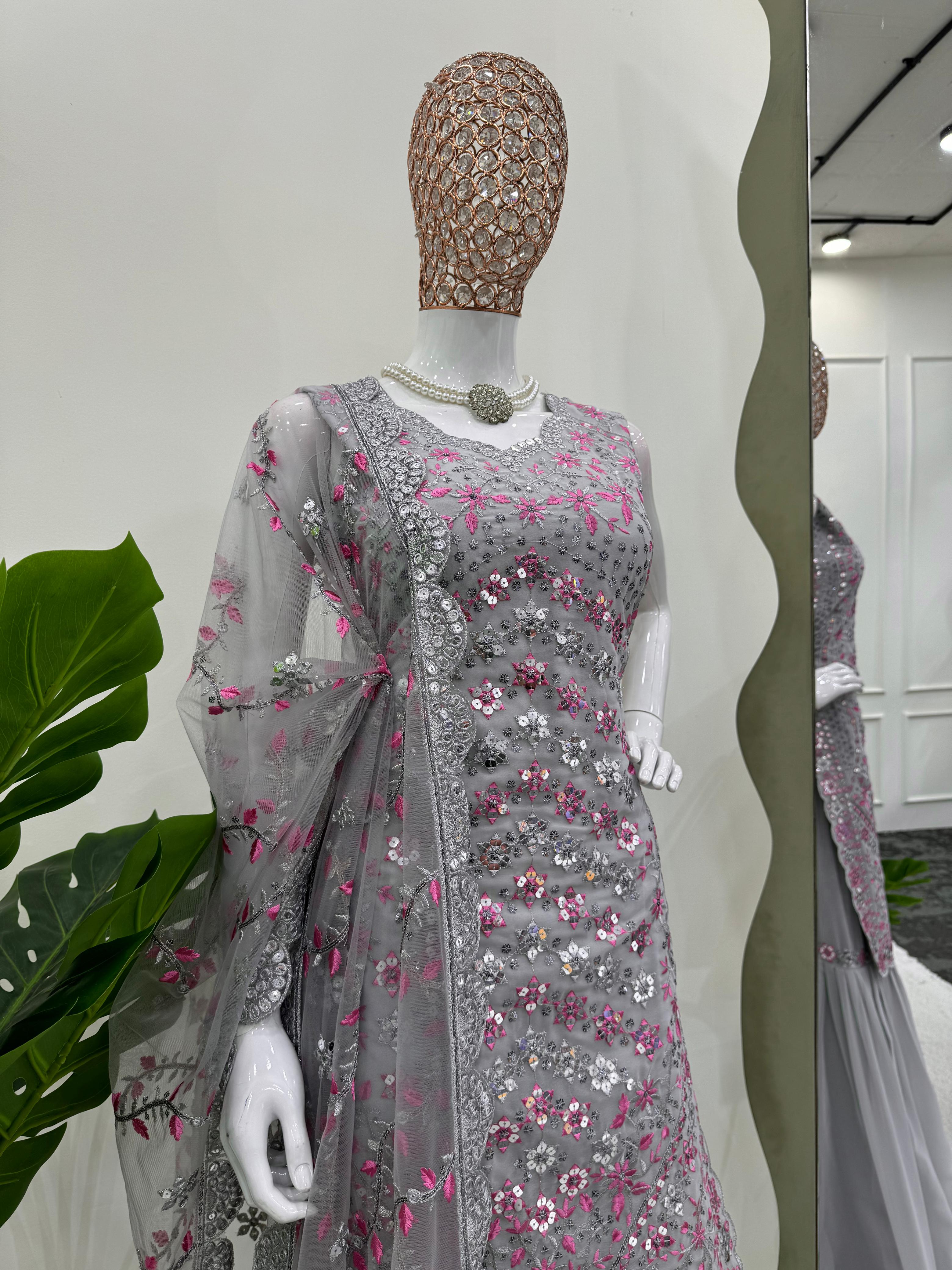 Exclusive Grey Color Faux Georgette Thread And 9mm Sequence Designer Sharara Suit