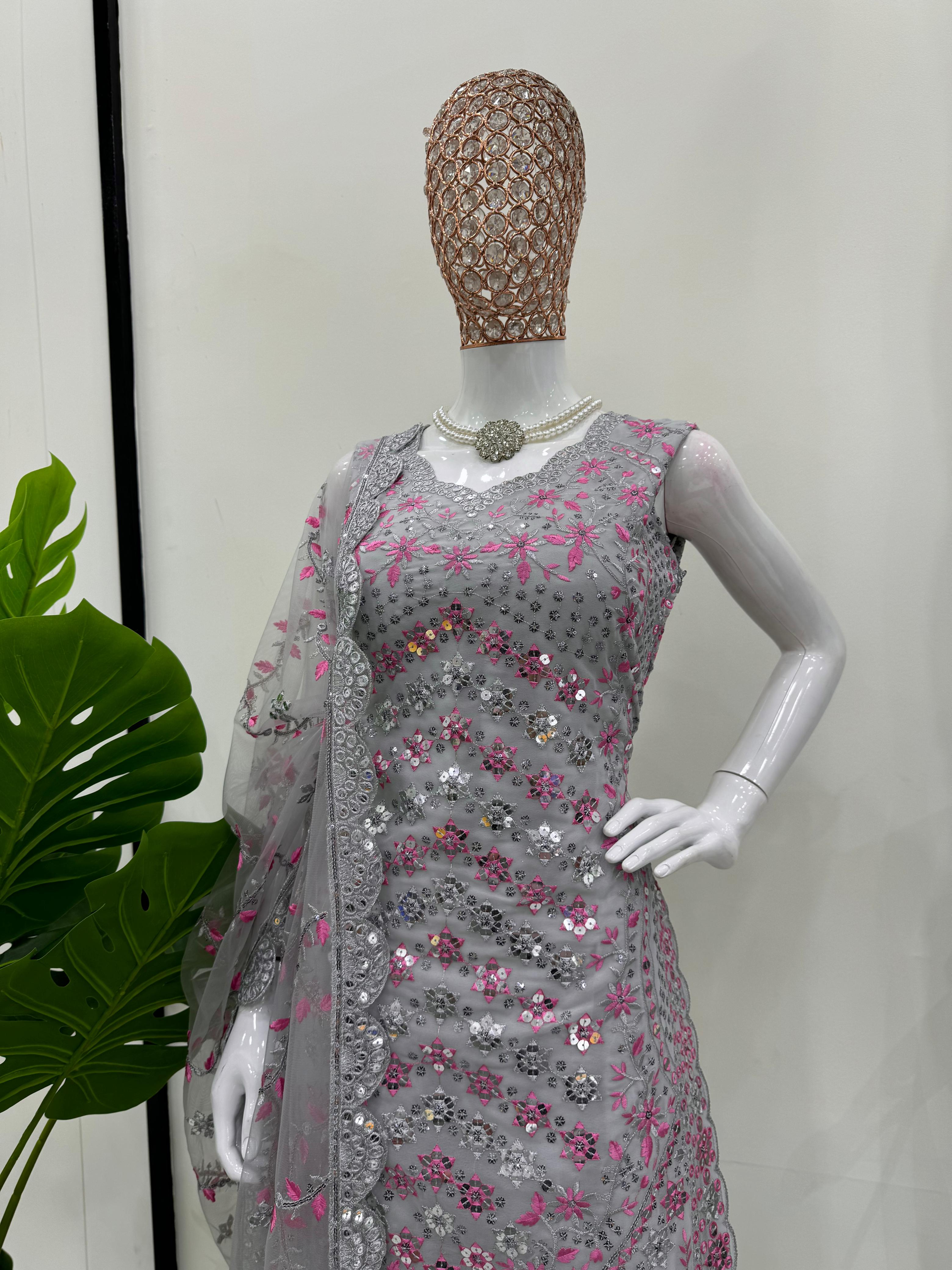 Exclusive Grey Color Faux Georgette Thread And 9mm Sequence Designer Sharara Suit