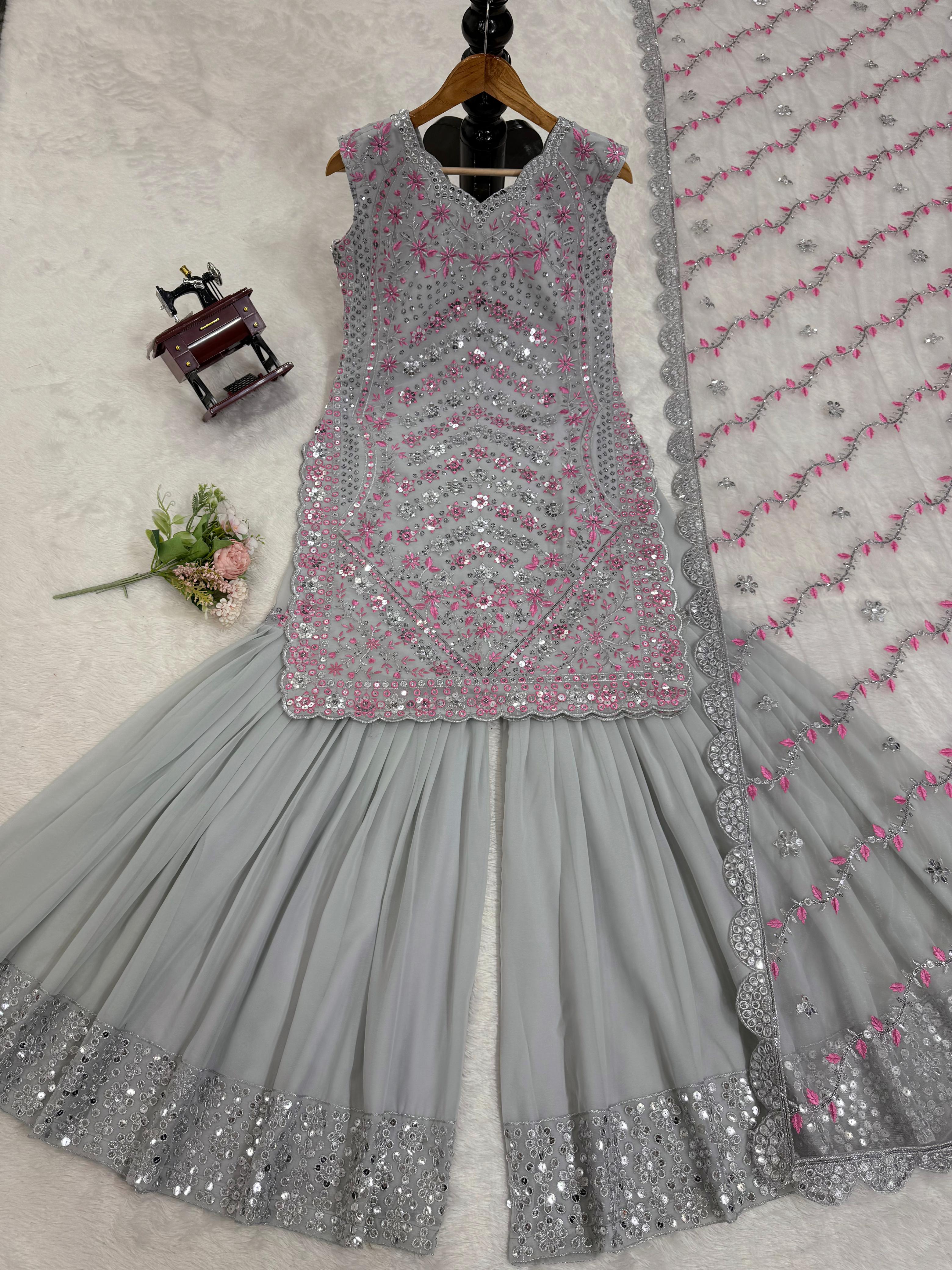 Exclusive Grey Color Faux Georgette Thread And 9mm Sequence Designer Sharara Suit