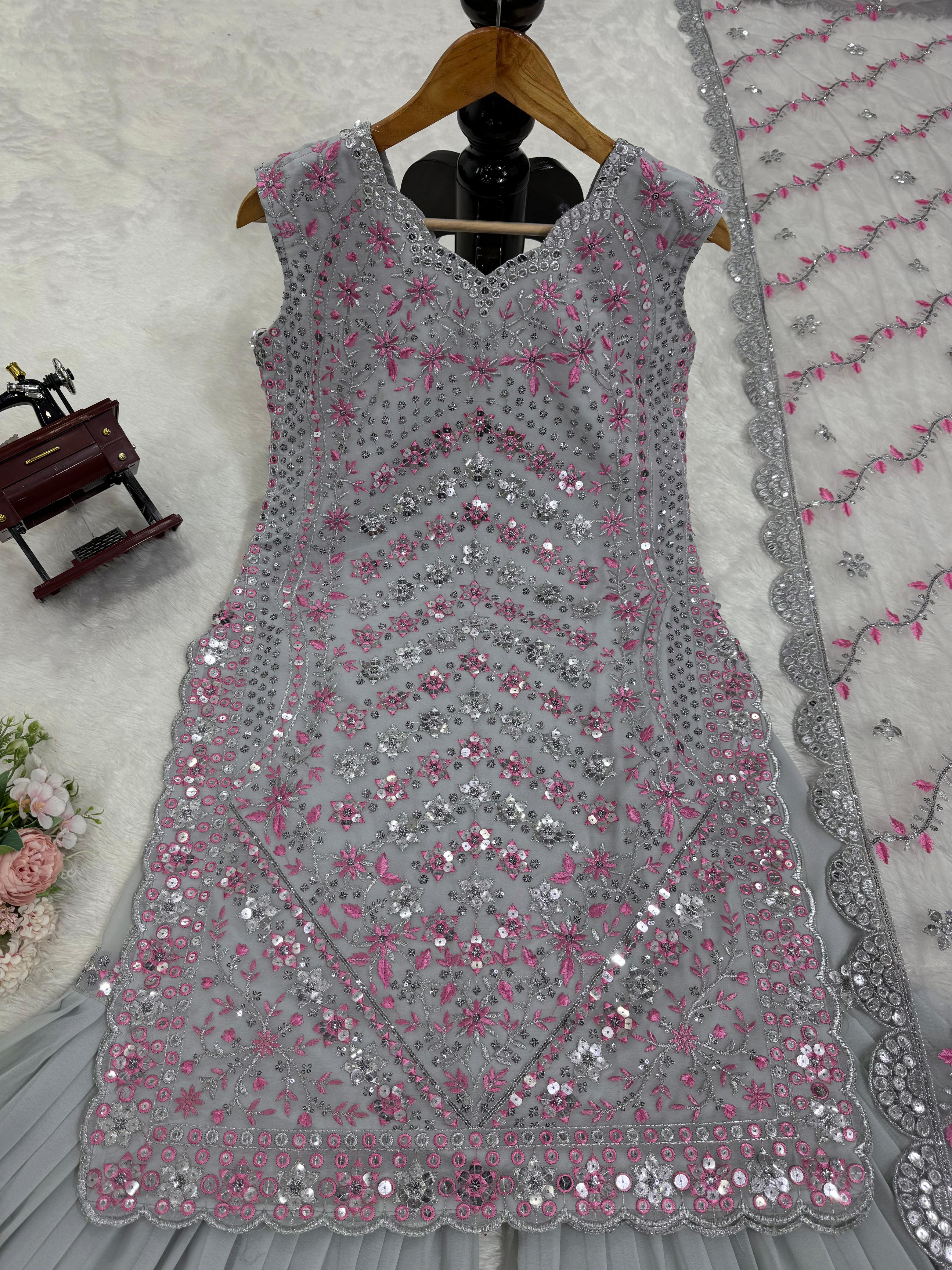 Exclusive Grey Color Faux Georgette Thread And 9mm Sequence Designer Sharara Suit