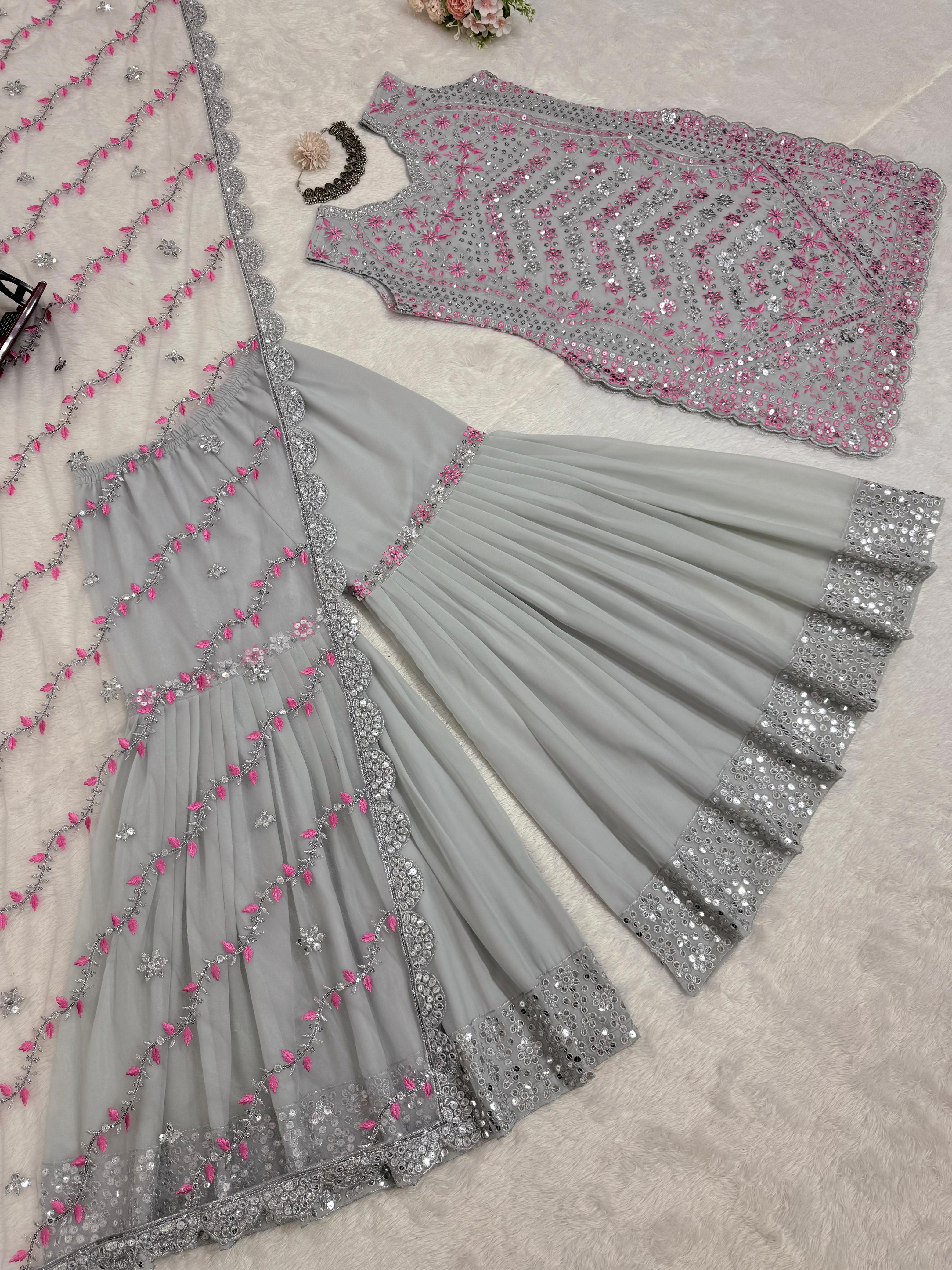 Exclusive Grey Color Faux Georgette Thread And 9mm Sequence Designer Sharara Suit