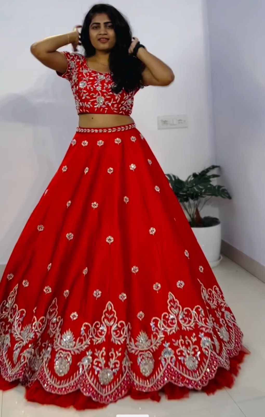 Designer Red Color Pure Chinon With Heavy Embroidery Sequence Work Lehenga Choli