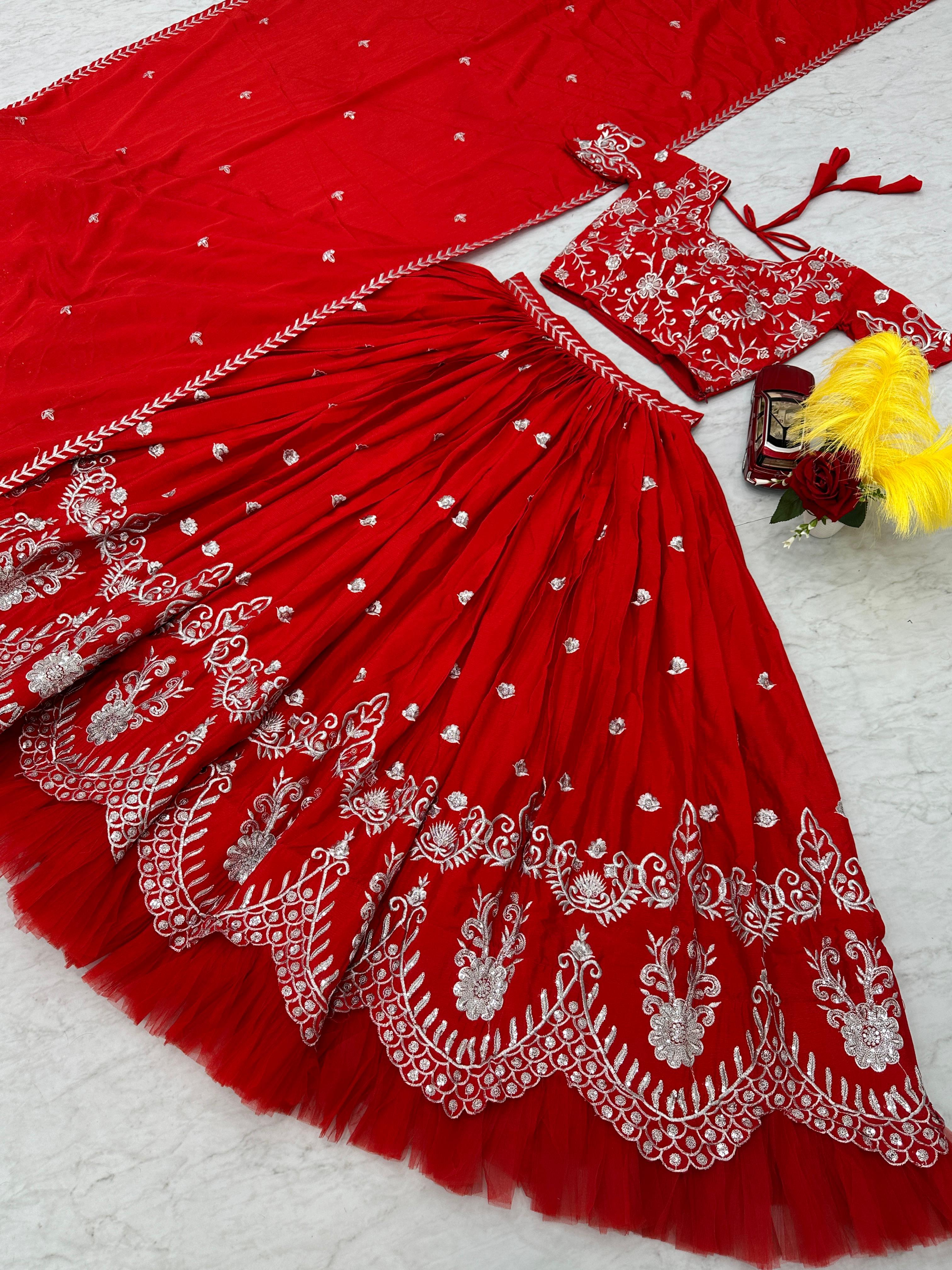 Designer Red Color Pure Chinon With Heavy Embroidery Sequence Work Lehenga Choli