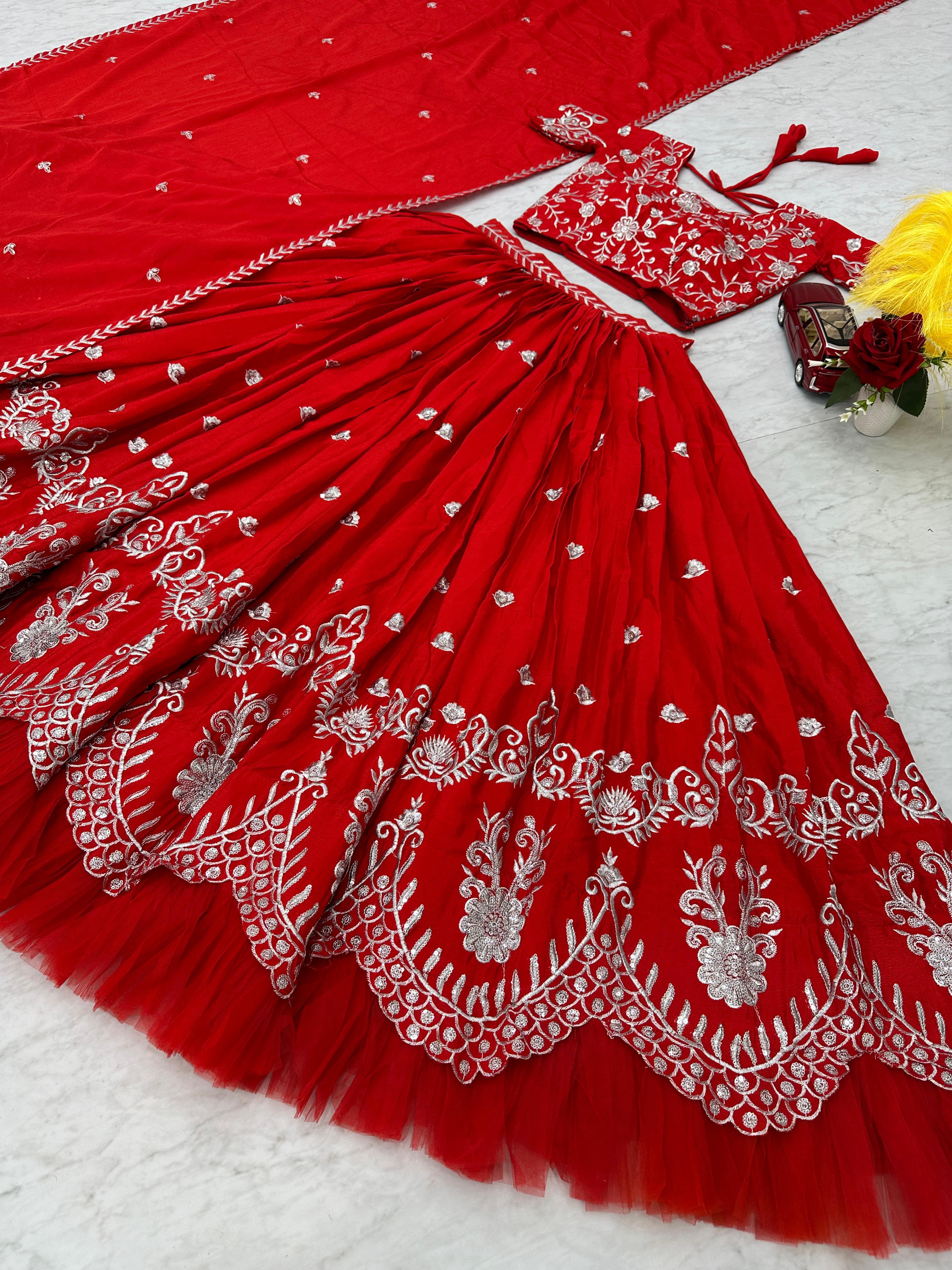 Designer Red Color Pure Chinon With Heavy Embroidery Sequence Work Lehenga Choli