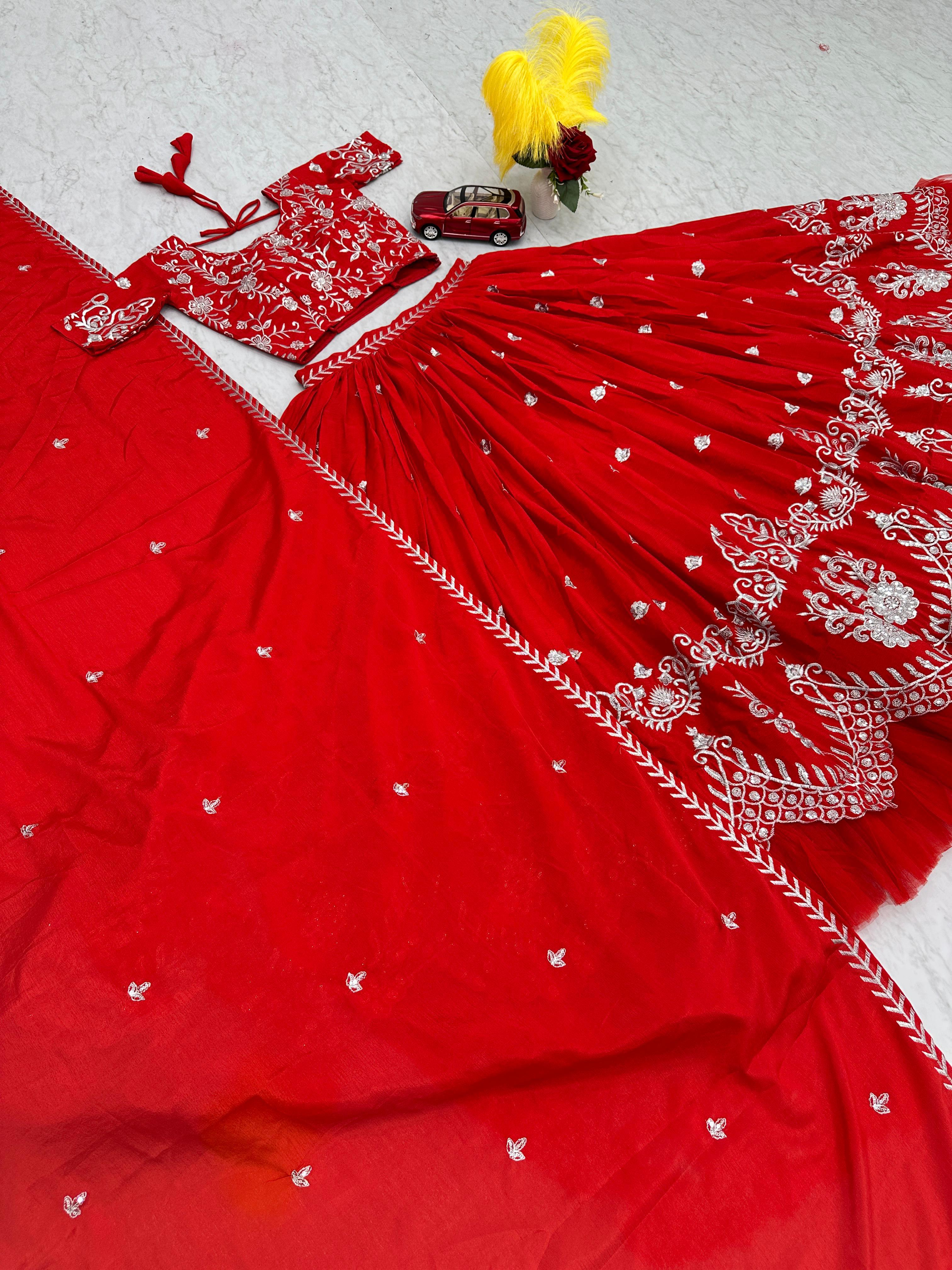 Designer Red Color Pure Chinon With Heavy Embroidery Sequence Work Lehenga Choli