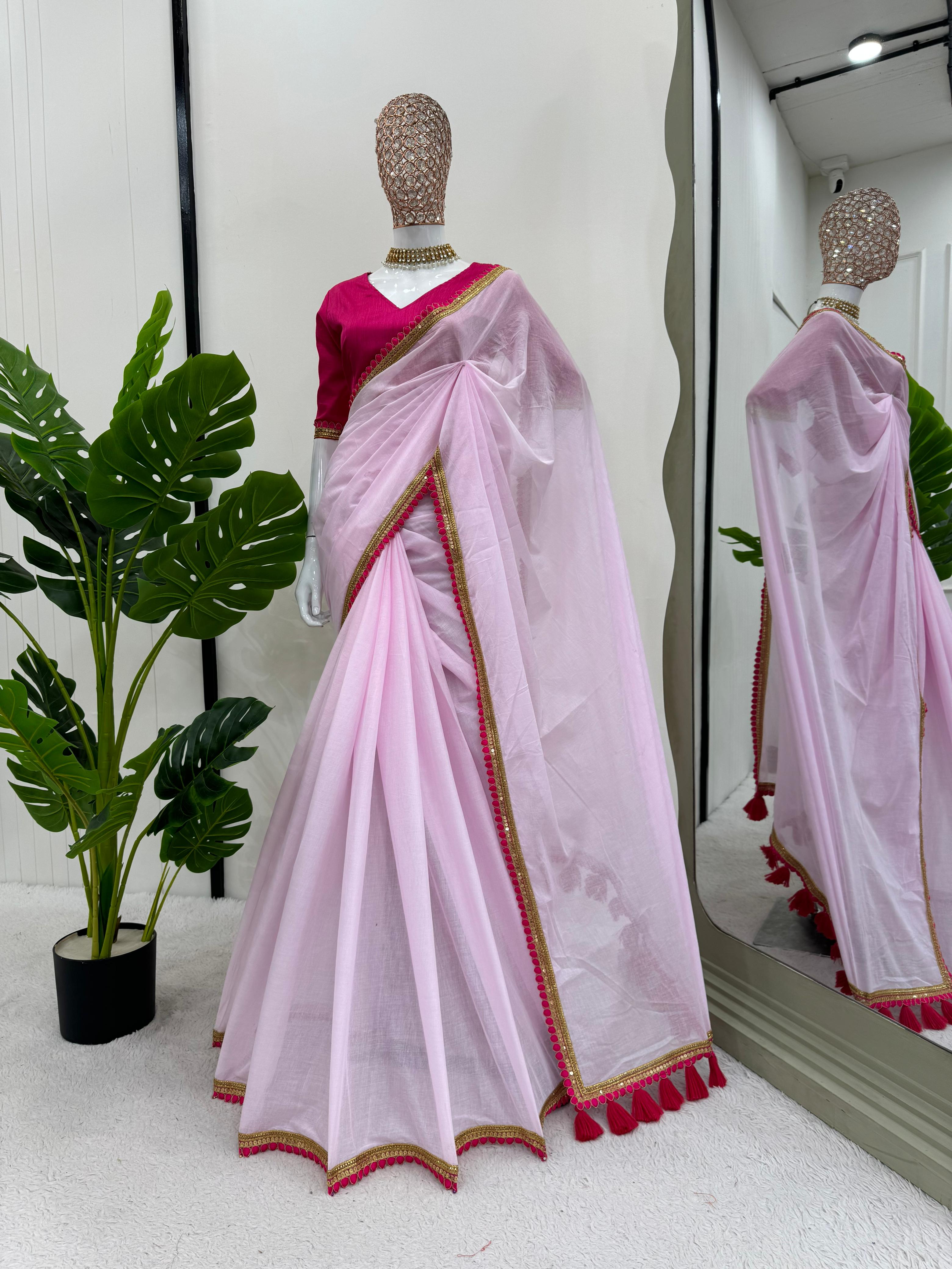 Embellished Mul Cotton With Heavy Latkan On Pallu Light Pink Colour Beautiful Designer Saree