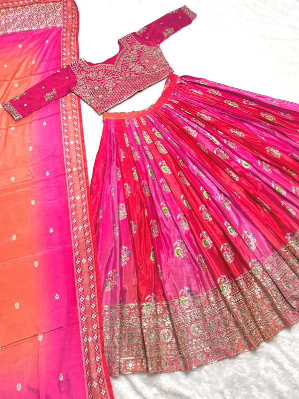 Multi Color Heavy Chinon Silk With Heavy Embroidery Sequence Work With Beautiful Digital Print Work Lehenga Choli