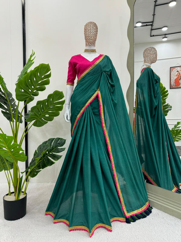 Alluring Mul Cotton With Heavy Latkan On Pallu Green Colour Beautiful Designer Saree