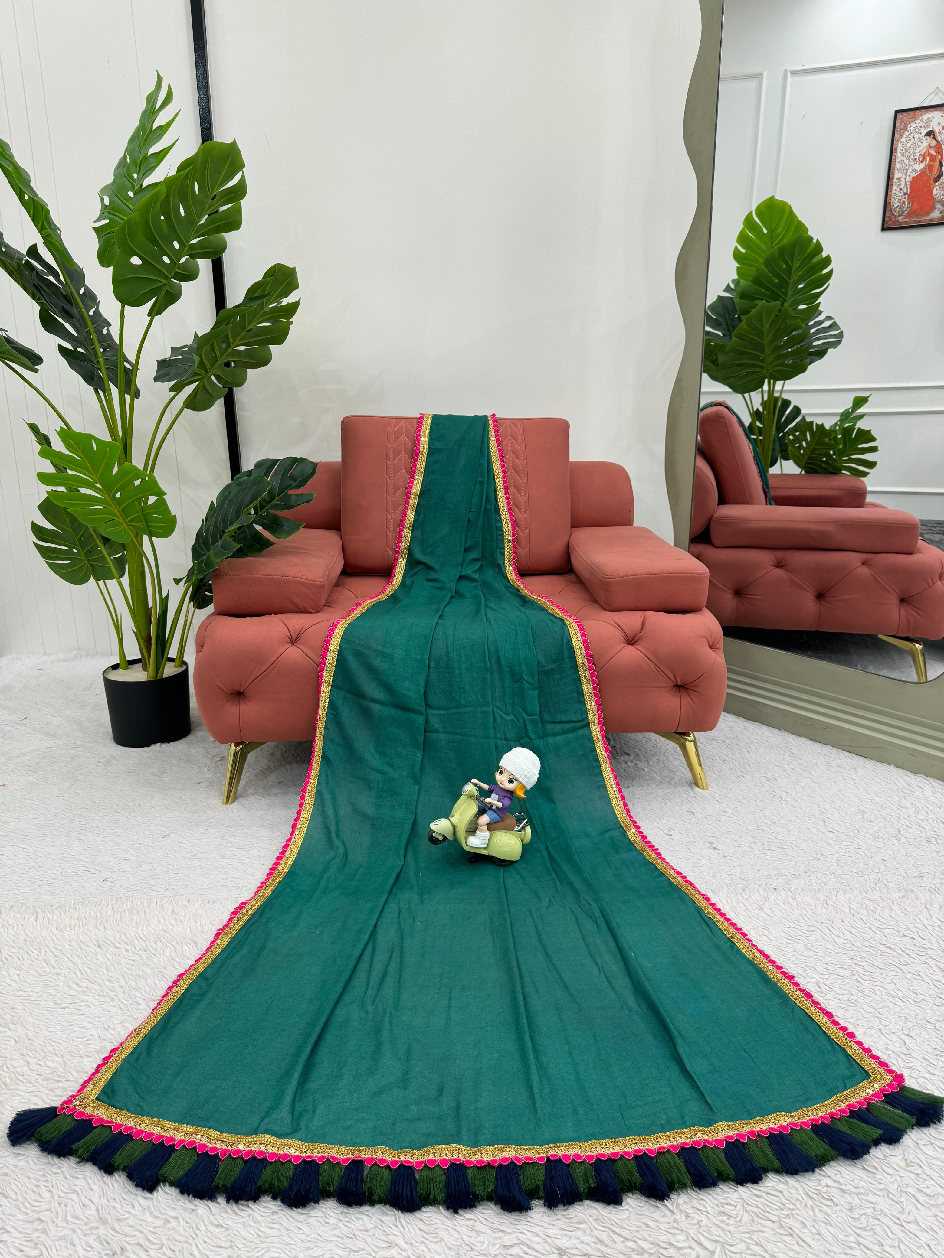 Alluring Mul Cotton With Heavy Latkan On Pallu Green Colour Beautiful Designer Saree