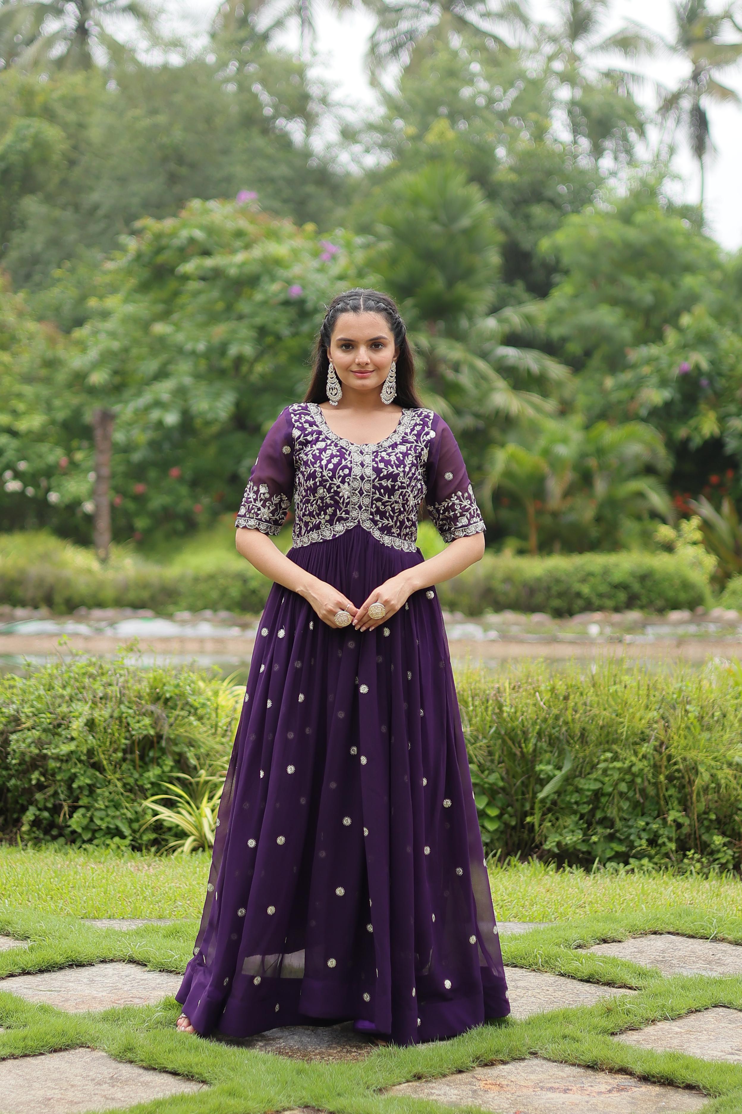 Party Wear Purple Color Faux Blooming With Embroidery Zari Sequin Work Designer Gown