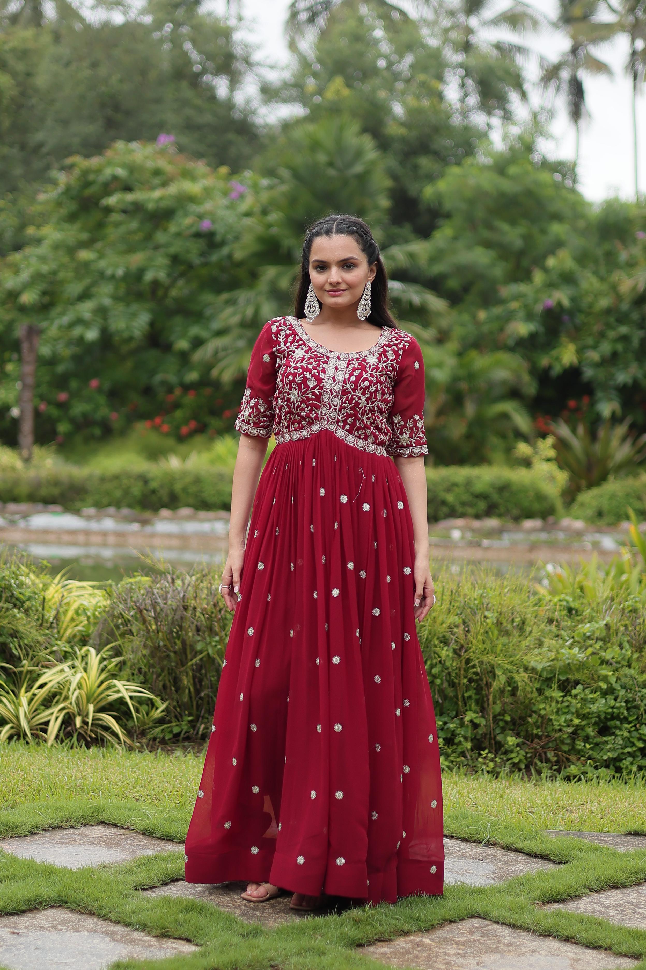 Wedding Wear Maroon Color Faux Blooming With Embroidery Zari Sequin Work Designer Gown