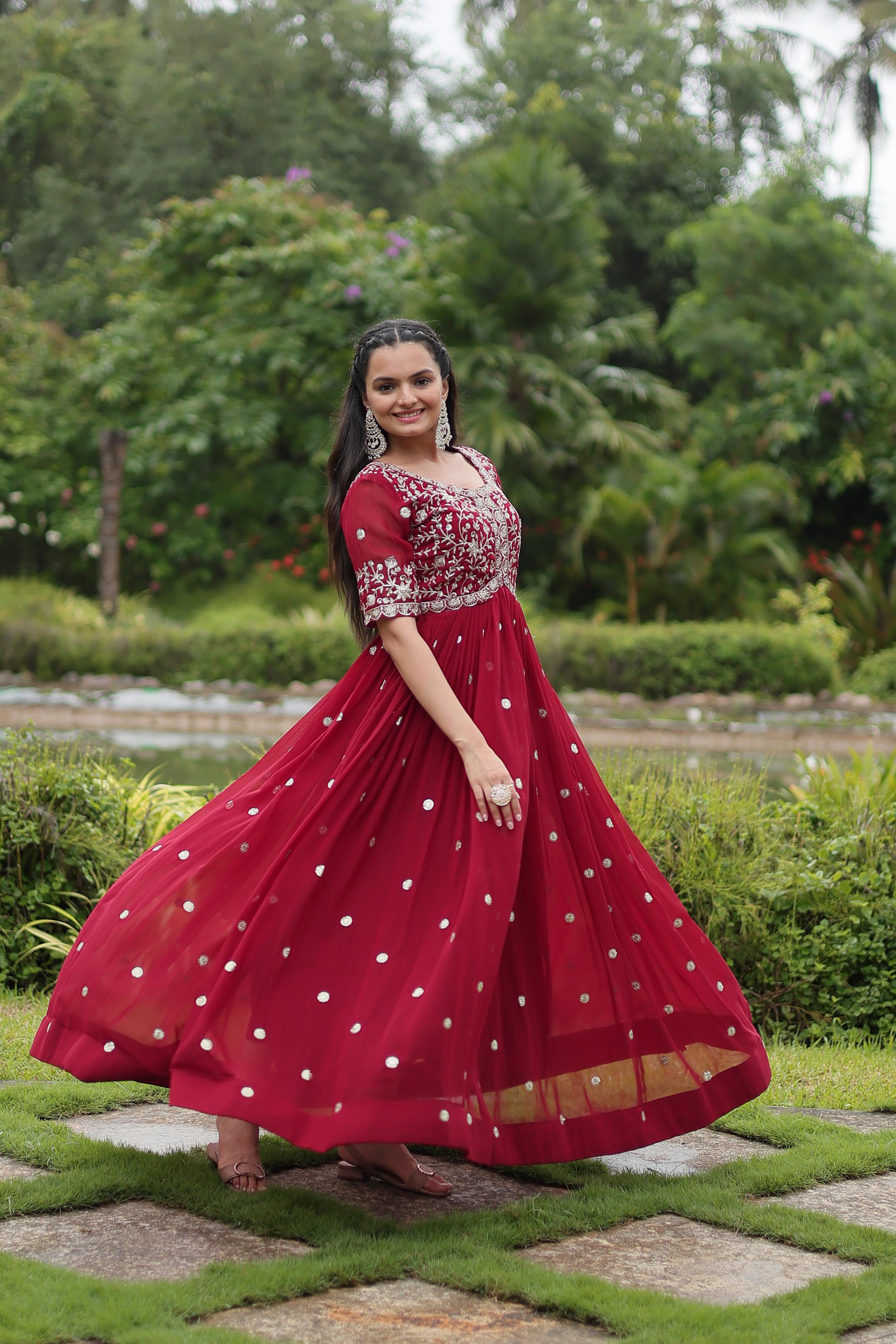 Wedding Wear Maroon Color Faux Blooming With Embroidery Zari Sequin Work Designer Gown