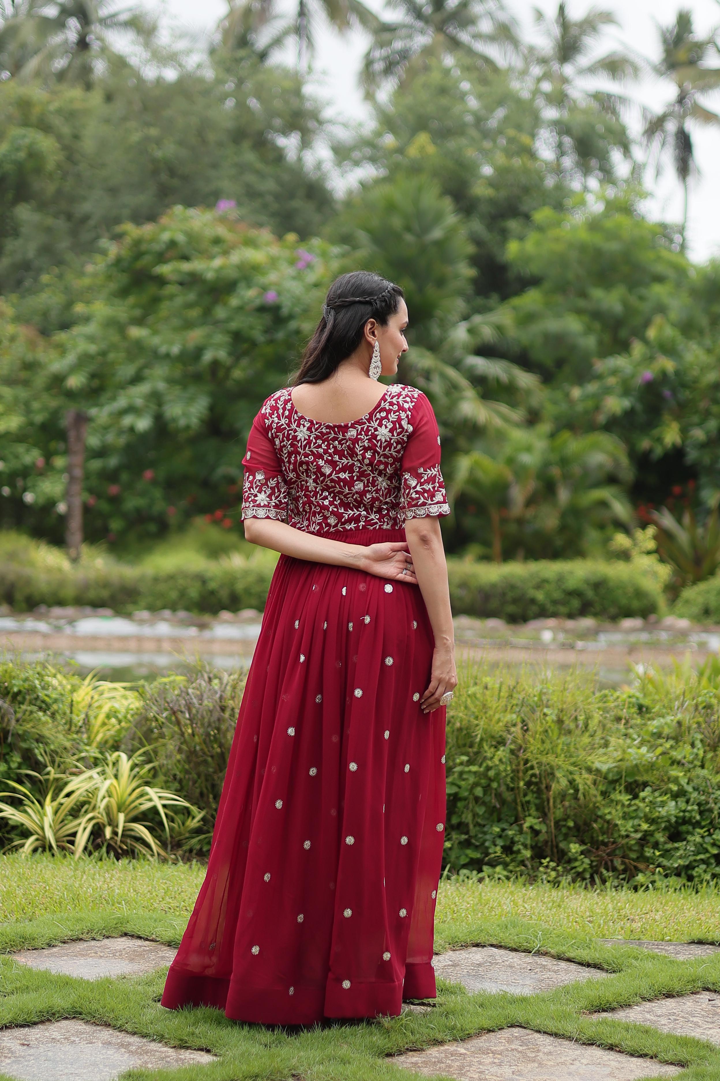 Wedding Wear Maroon Color Faux Blooming With Embroidery Zari Sequin Work Designer Gown