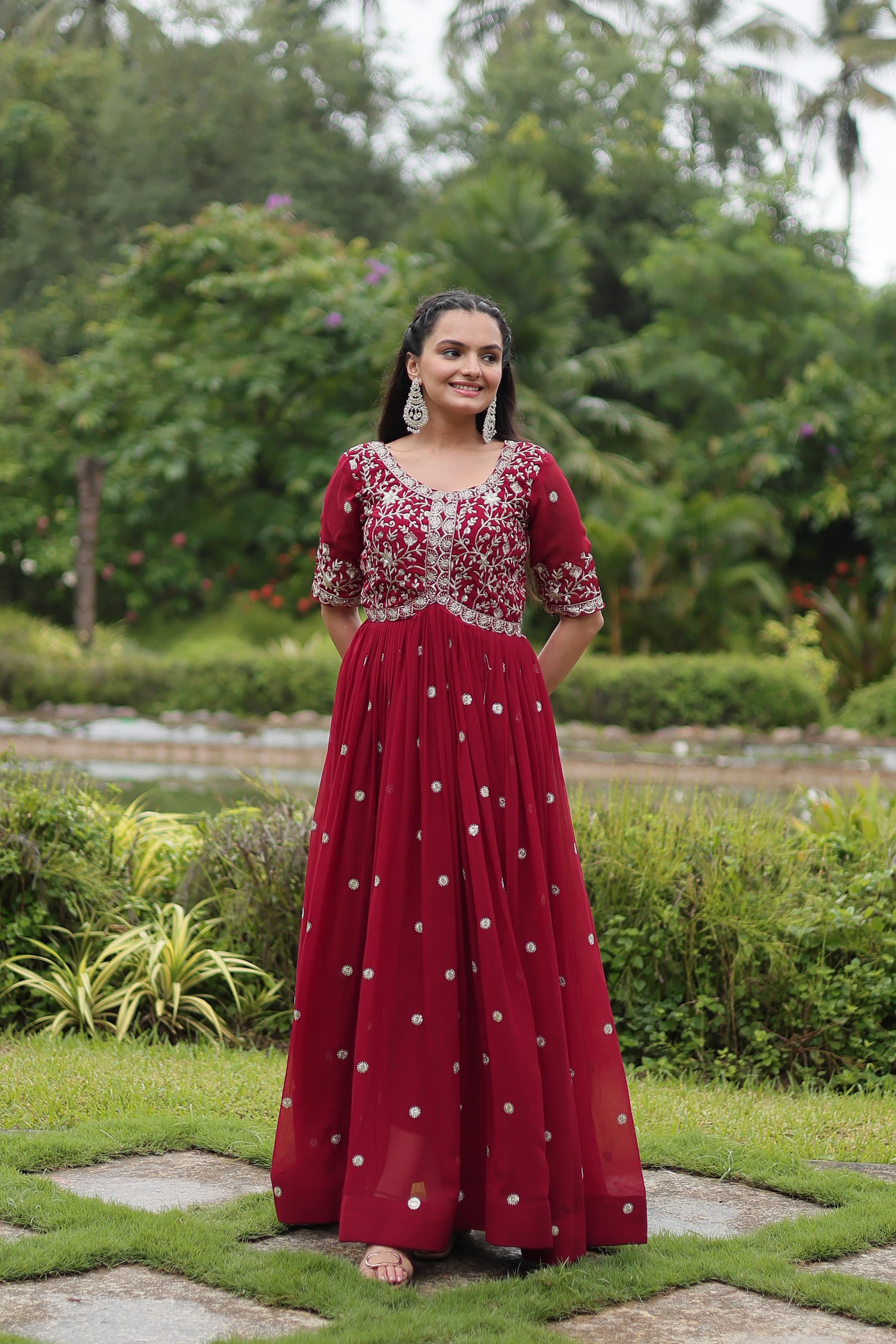 Wedding Wear Maroon Color Faux Blooming With Embroidery Zari Sequin Work Designer Gown