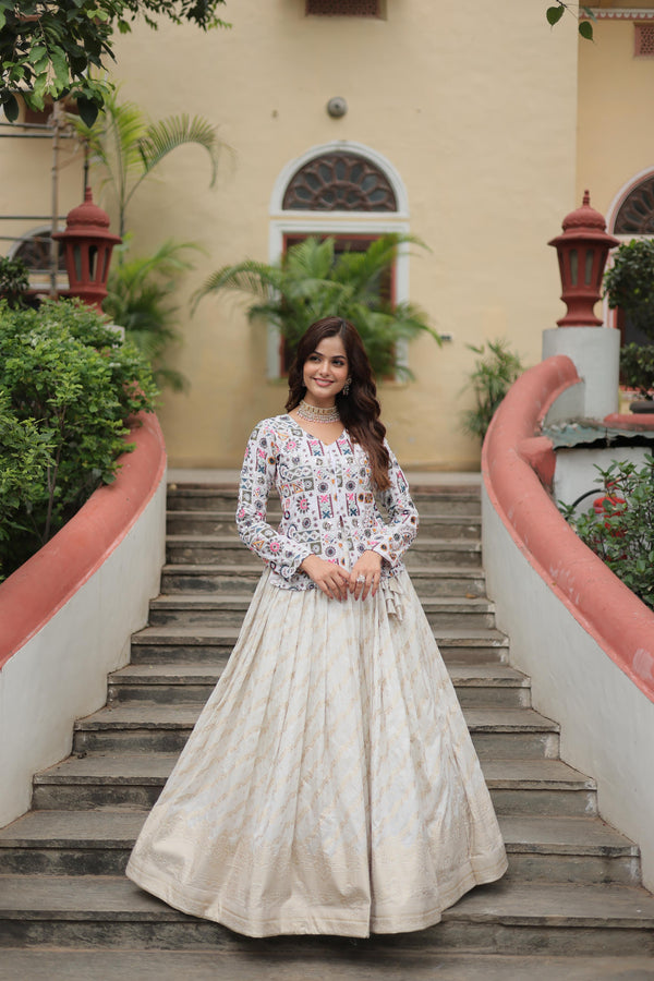 Sangeet Wear Off White Color Faux Georgette With Embroidered Work Pure Dayble Viscose Jacquard Lehenga Choli