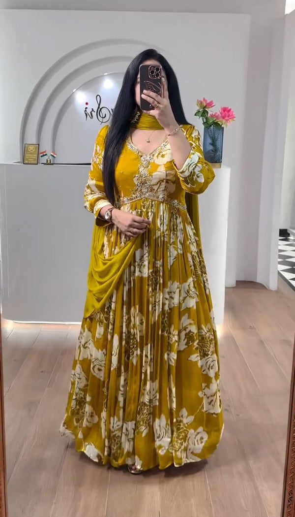 Charming Mustard Color Faux Georgette And Embroidery Thread Work With Digital Printed Designer Gown