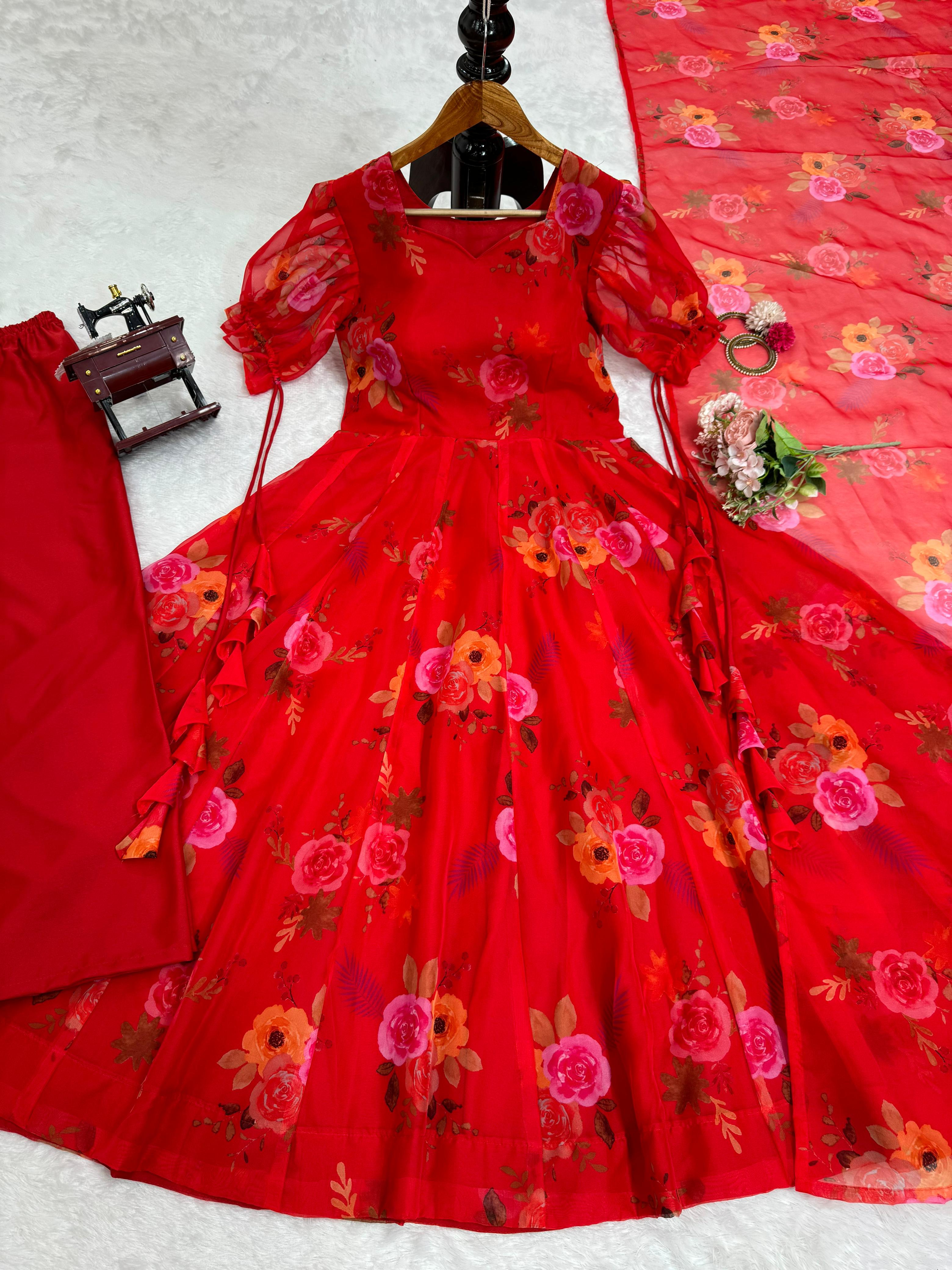 Stylish Red Color Tabby Organza Digital Flower Printed Designer Gown With Plazzo