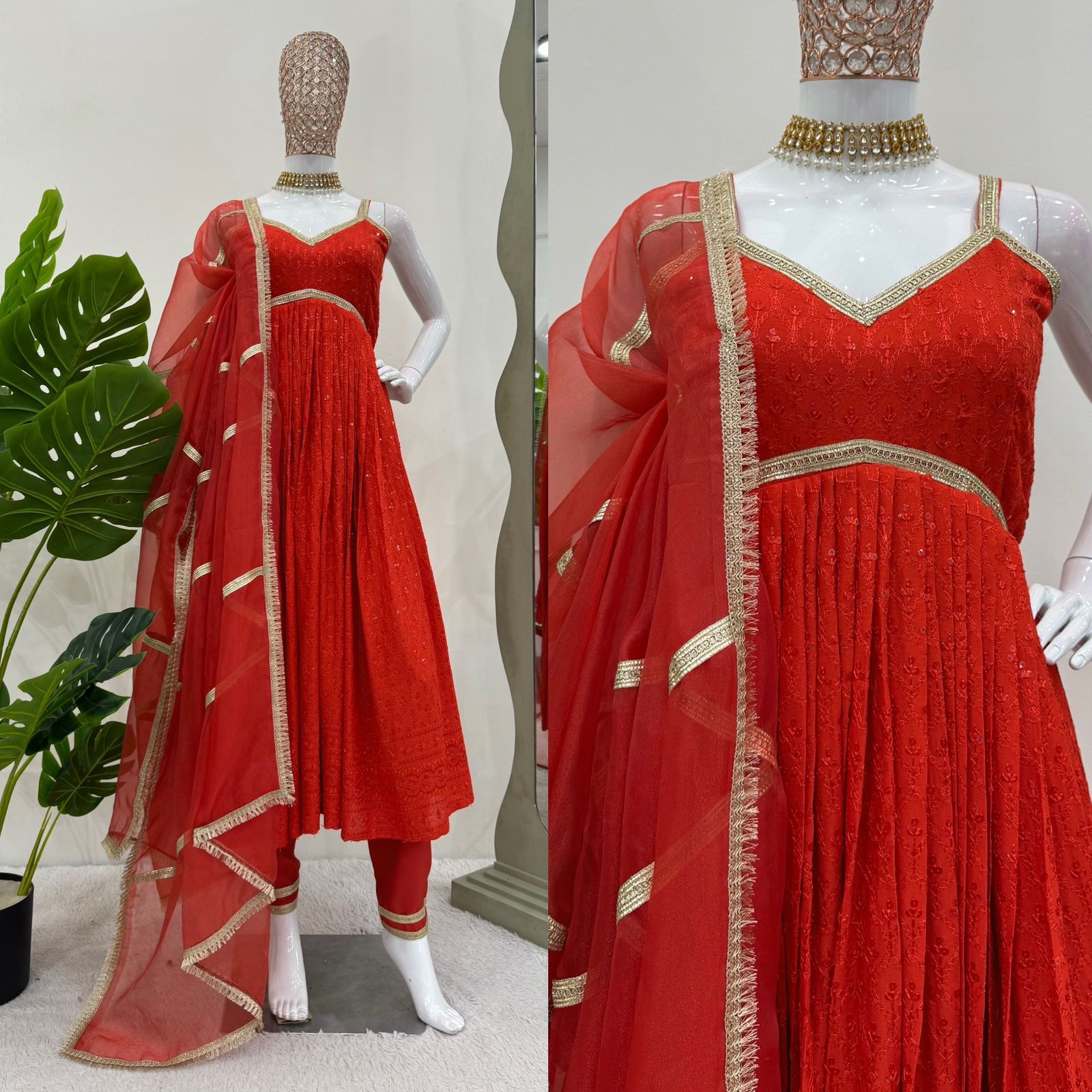 Delightful Red Color Rayon Silk Chikankari With Sequence Work Designer Anarkali Suit