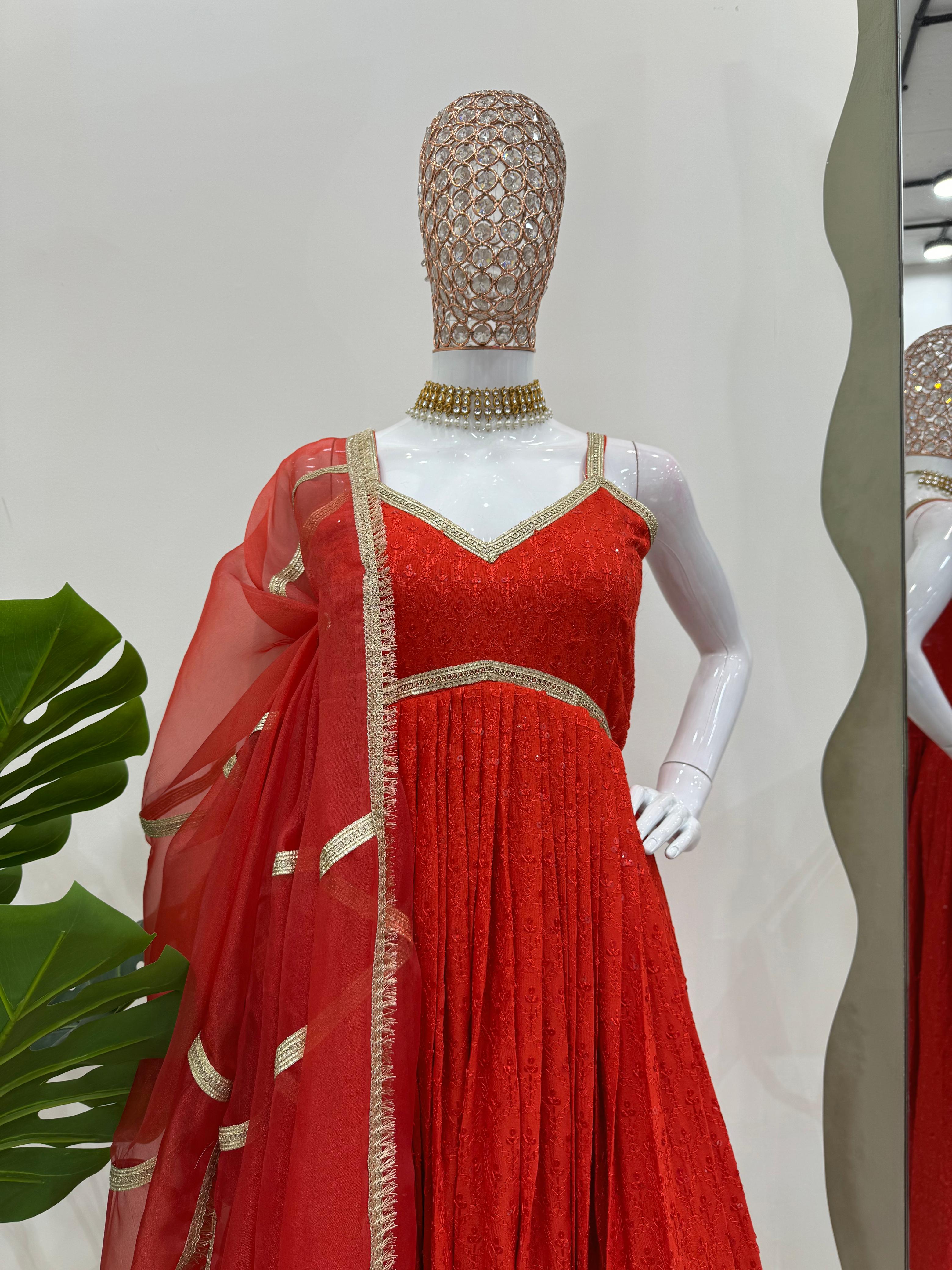 Delightful Red Color Rayon Silk Chikankari With Sequence Work Designer Anarkali Suit