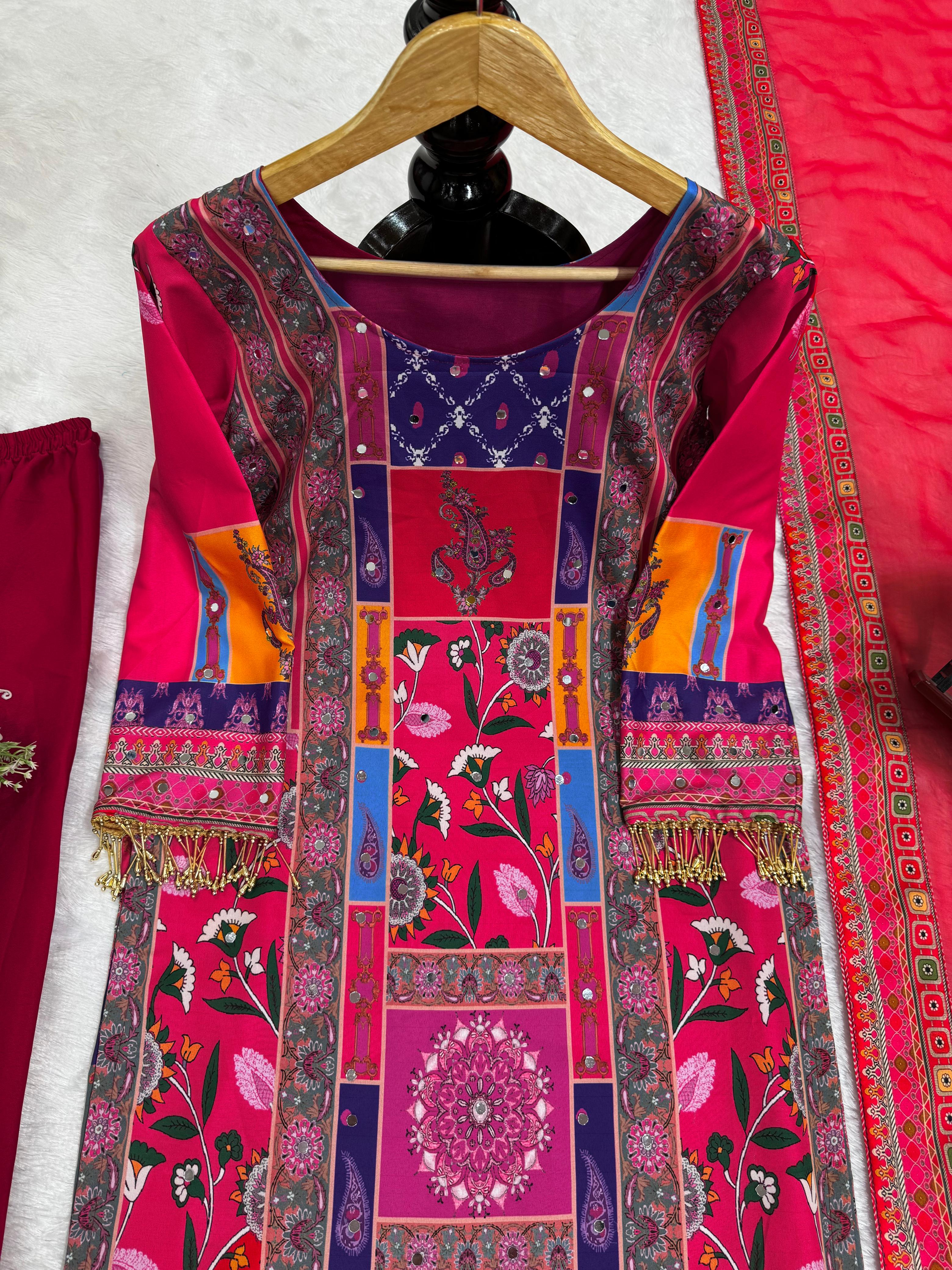 Party Wear American Silk Digital Print With Diamond And Fancy Latkan Designer Salwar Suit