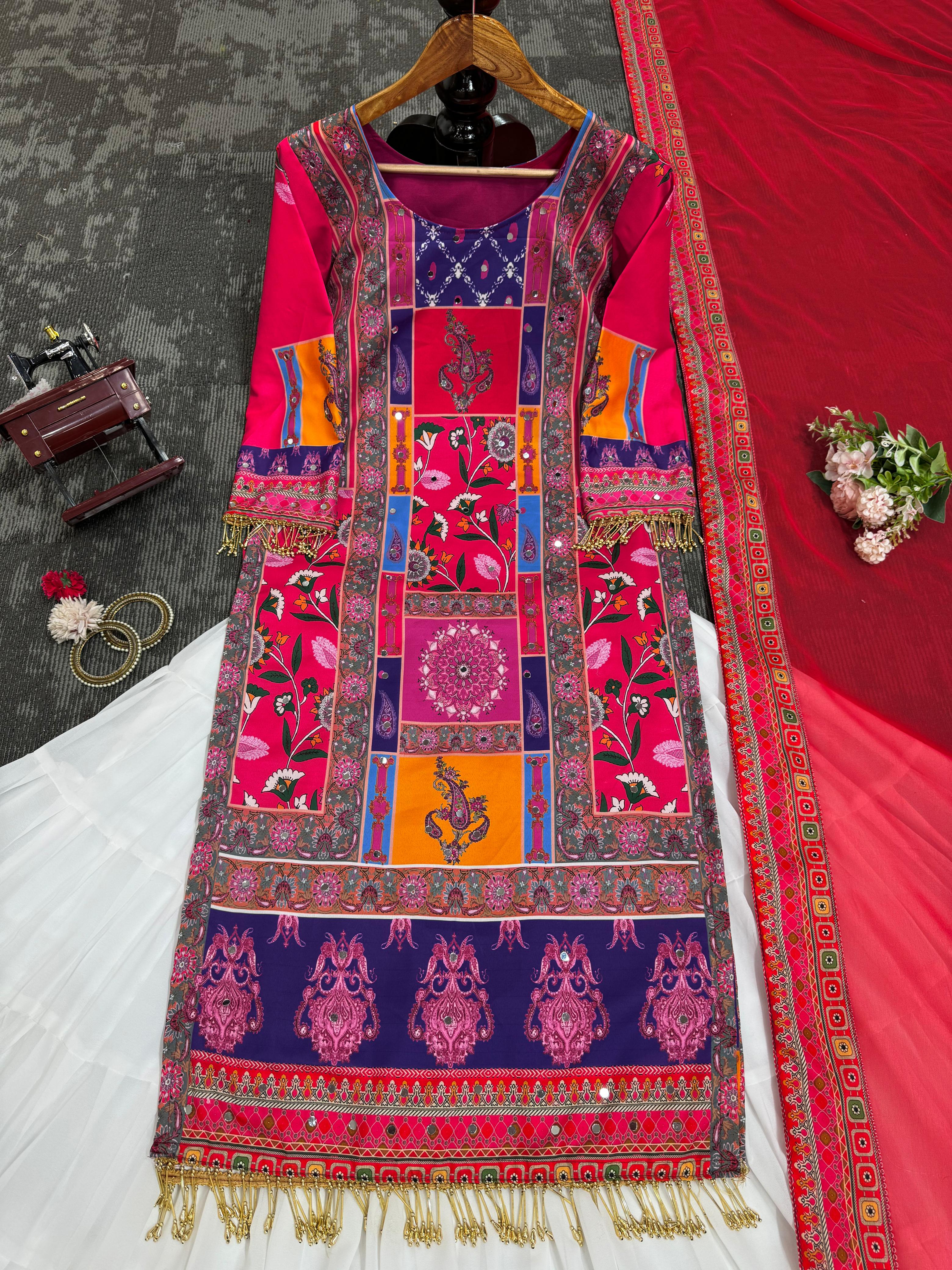 Party Wear American Silk Digital Print With Diamond And Fancy Latkan Designer Lehenga Suit