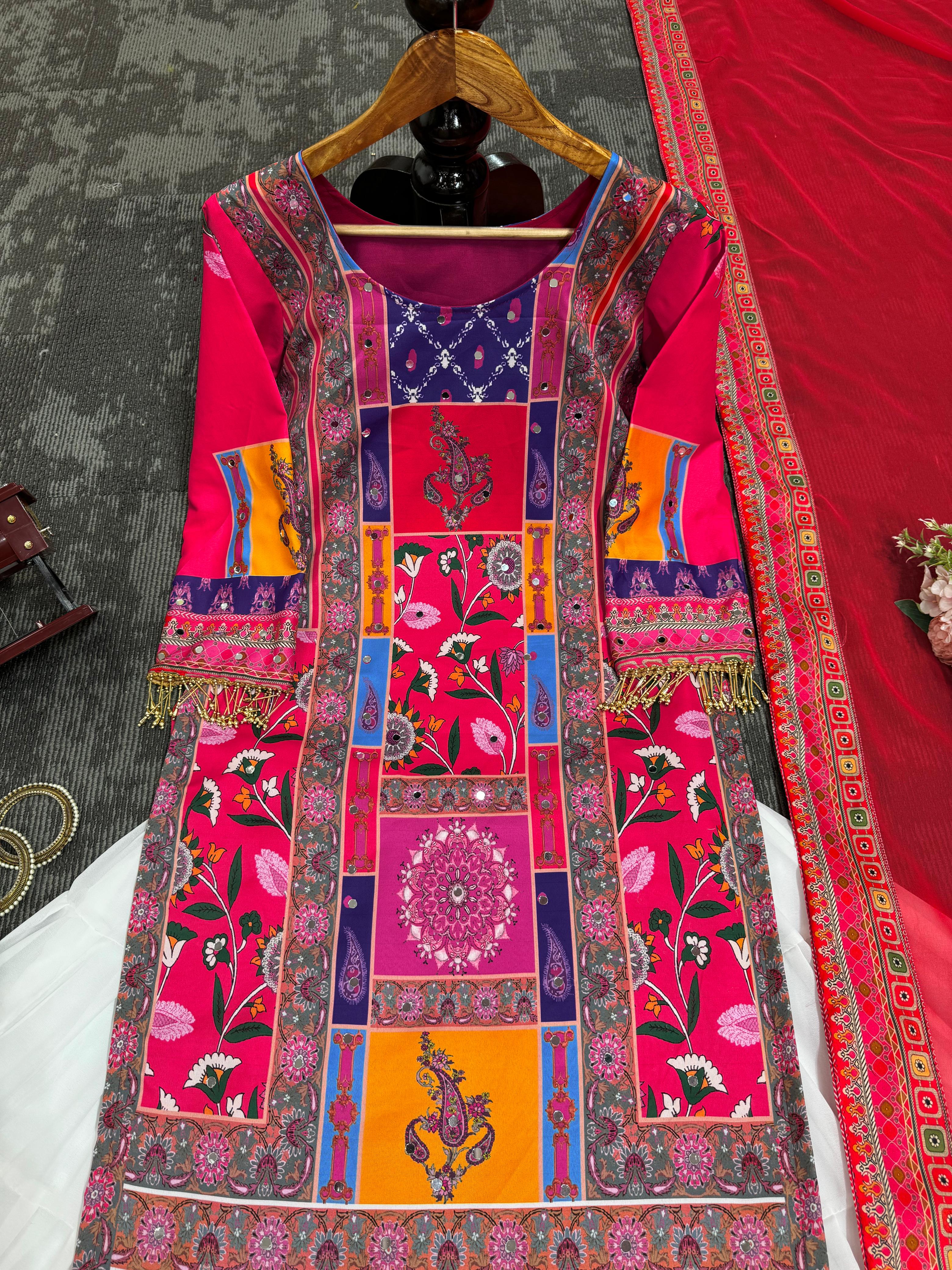 Party Wear American Silk Digital Print With Diamond And Fancy Latkan Designer Lehenga Suit