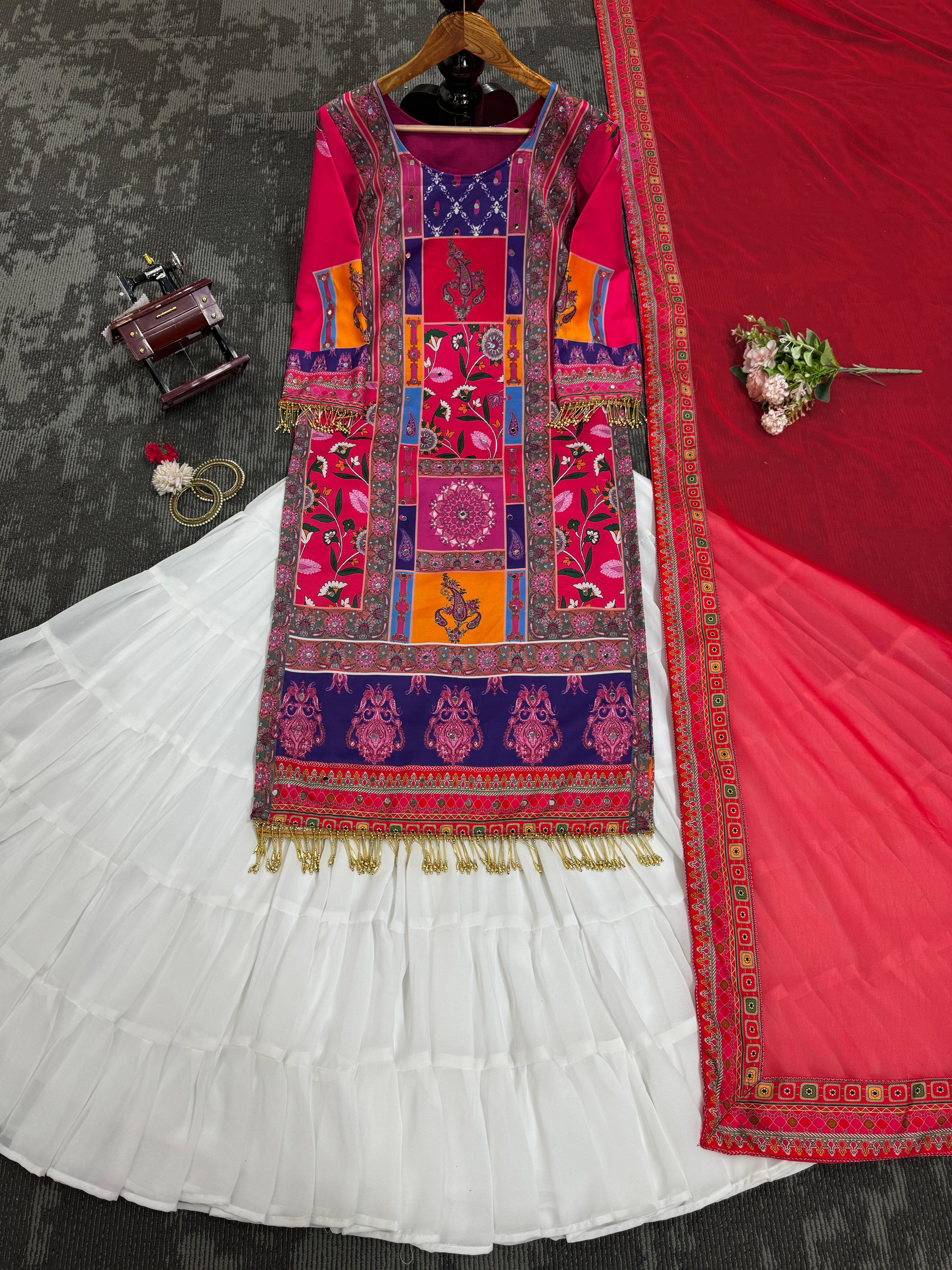 Party Wear American Silk Digital Print With Diamond And Fancy Latkan Designer Lehenga Suit