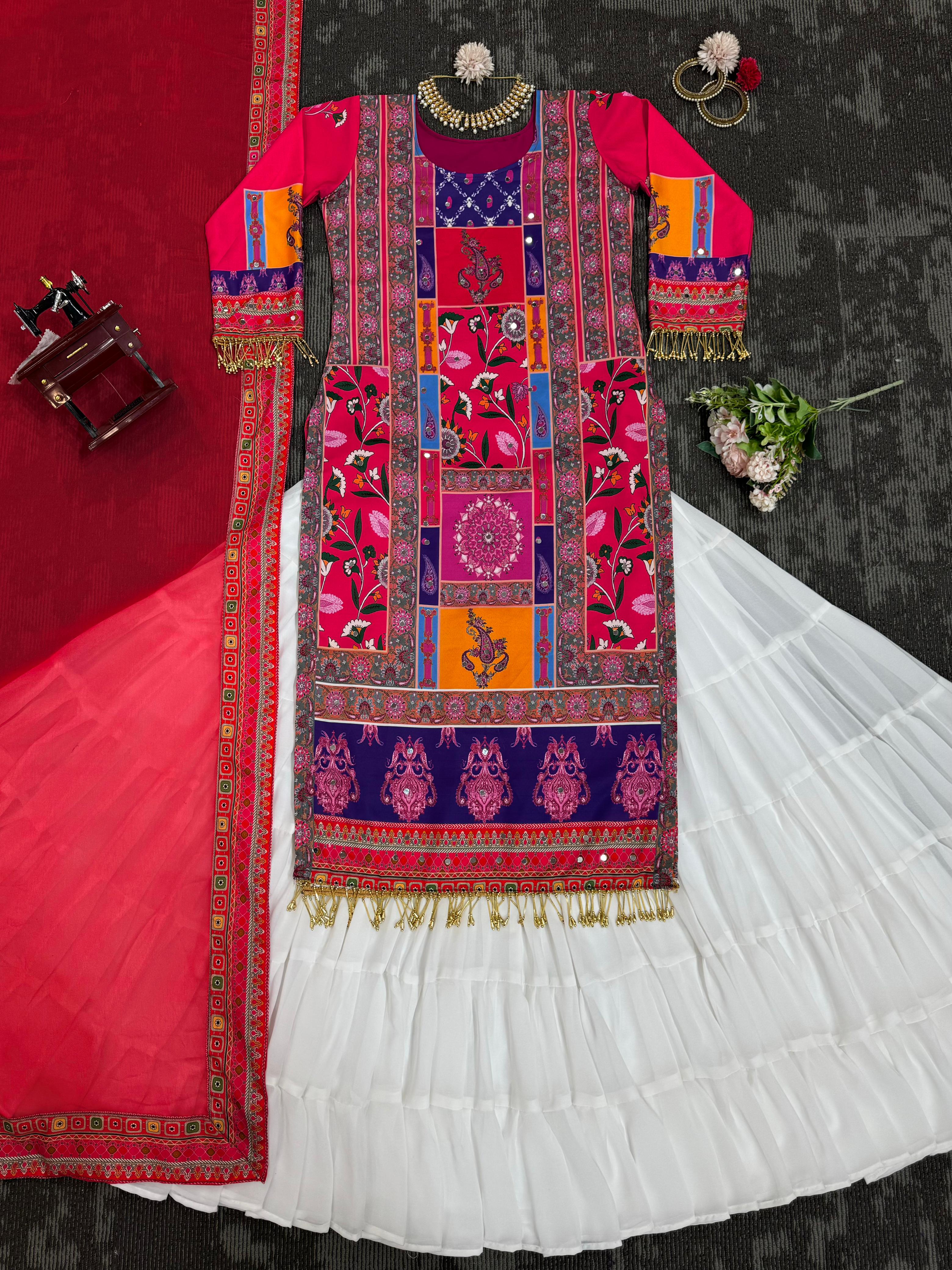 Party Wear American Silk Digital Print With Diamond And Fancy Latkan Designer Lehenga Suit